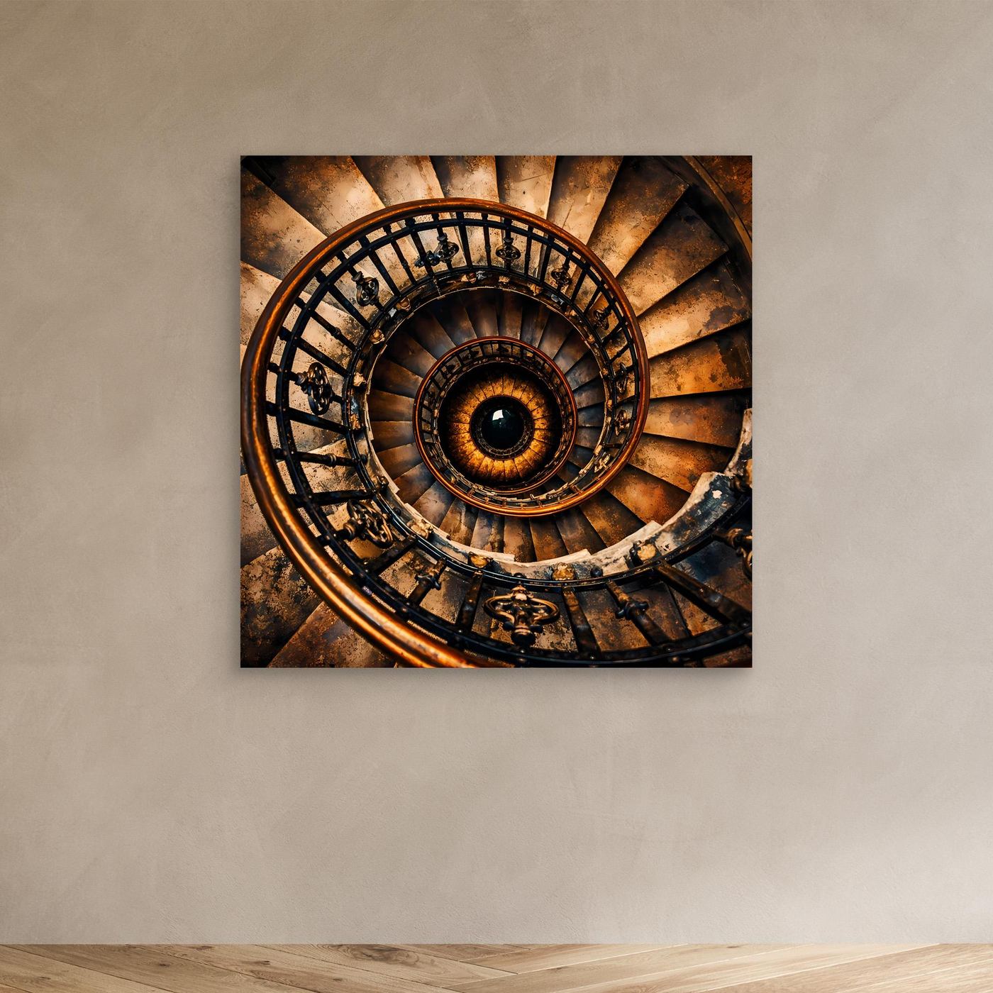 Leinwandbild historisches Wendeltreppenmotiv, rundes Treppenauge in Gold-Braun und Schwarz
