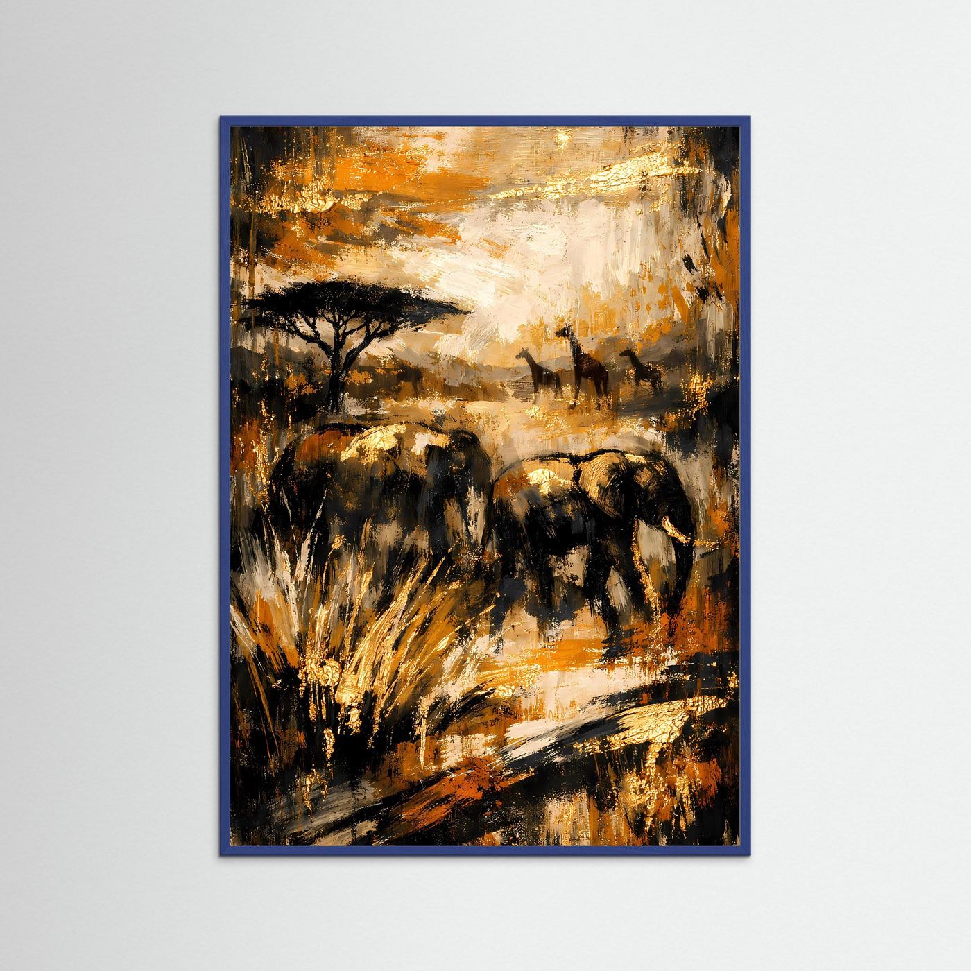 Elefanten-Poster im Hochformat mit blauem Rahmen, abstrakt in Gold, Ocker und Tiefschwarz