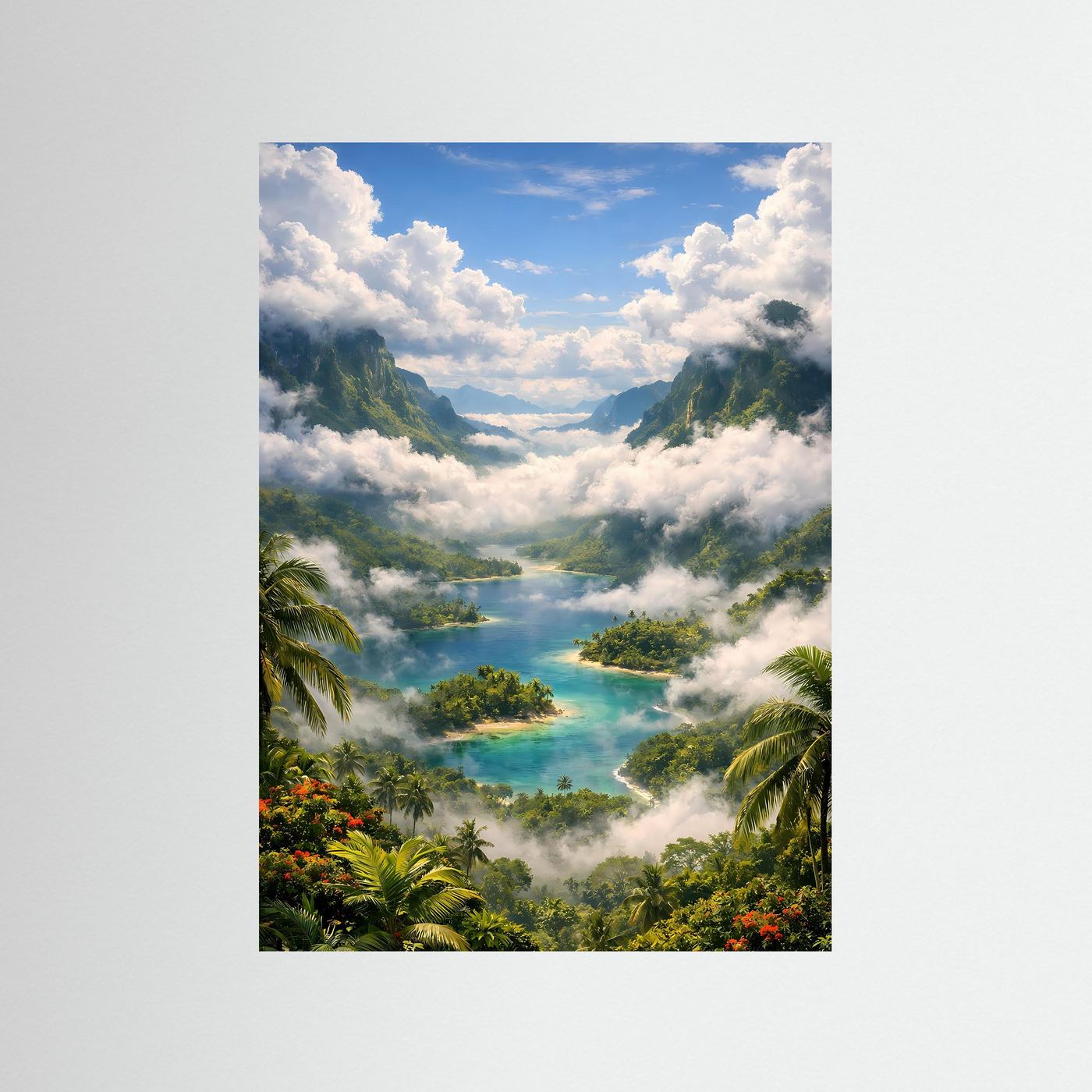 Tropisches Poster im Hochformat: türkisfarbener Fluss, Palmen, Berge und Wolken