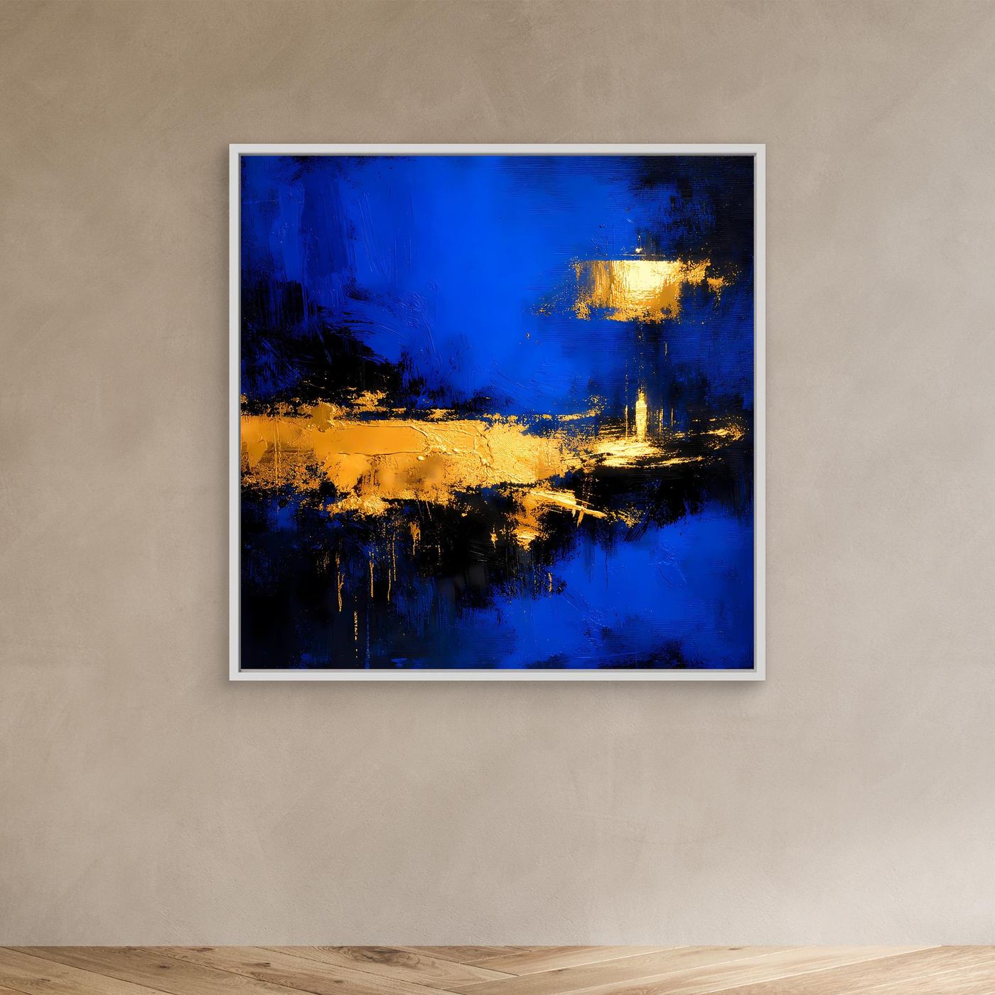 Leinwand Abstrakte Meereslandschaft bei Nacht | Modernes Küsten Wandbild in Blau und Gold