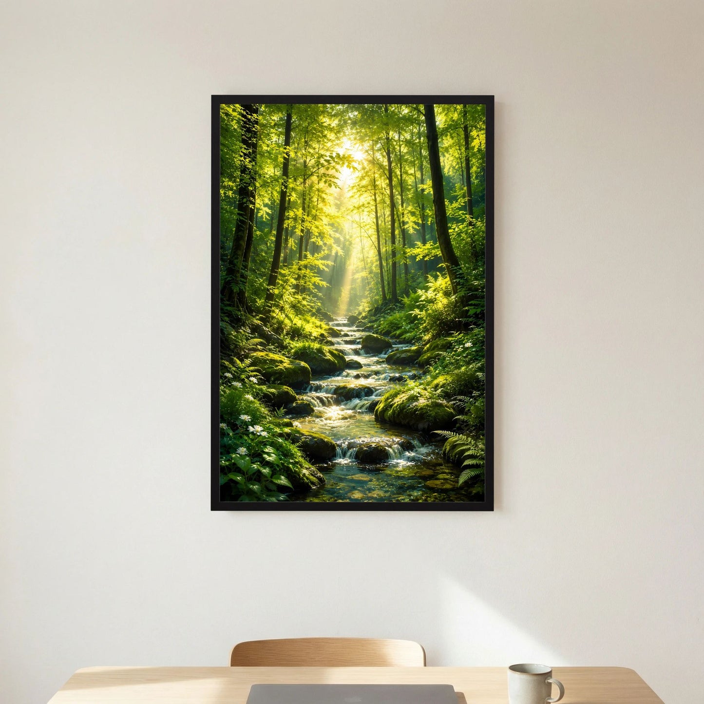 Hochformat-Poster Waldbach mit Sonnenstrahlen zwischen hohen Bäumen, schwarzer Rahmen
