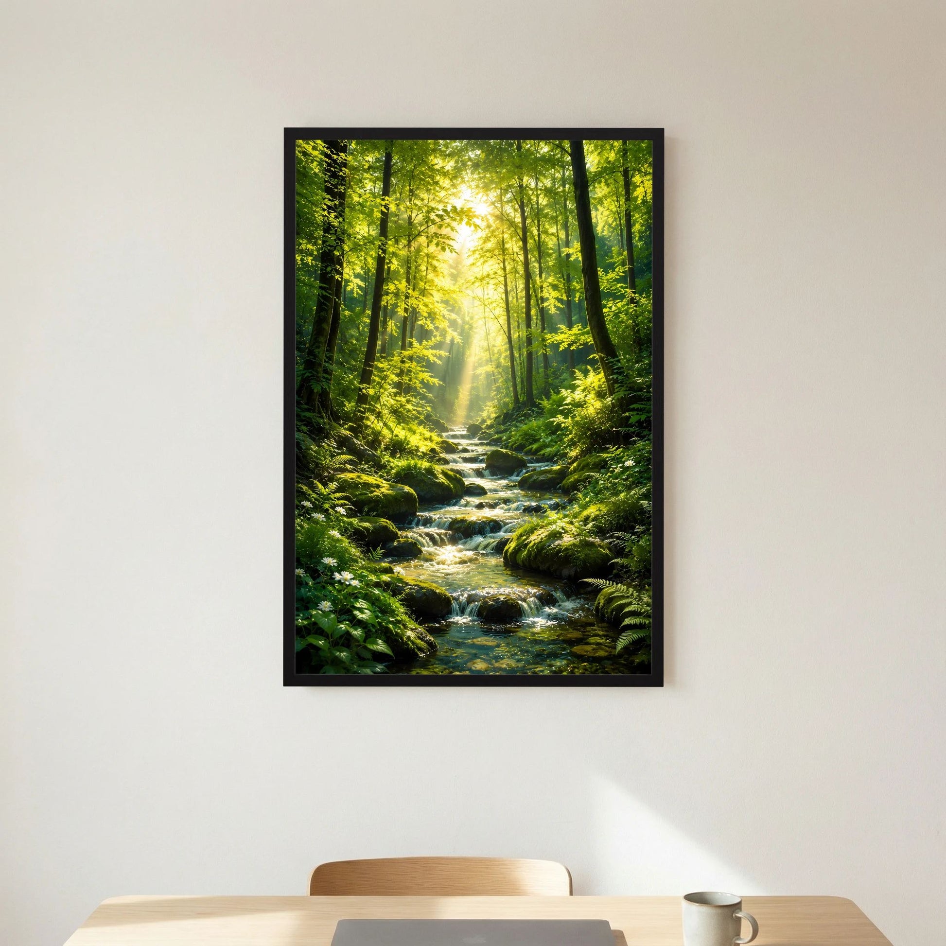 Hochformat-Poster Waldbach mit Sonnenstrahlen zwischen hohen Bäumen, schwarzer Rahmen