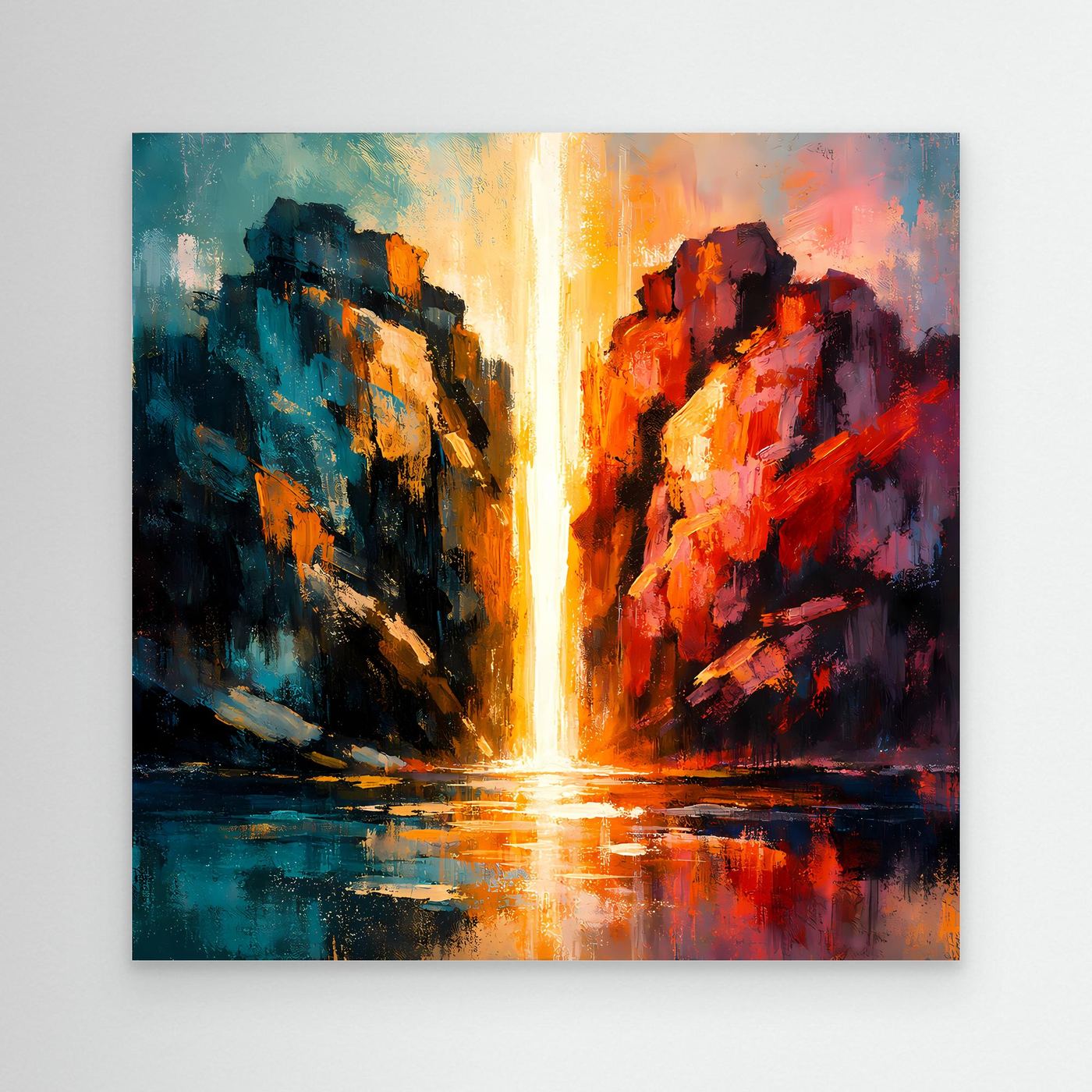 Premium Leinwand Magischer Lichtwasserfall im Canyon | Abstraktes Natur Wandbild farbenfroh