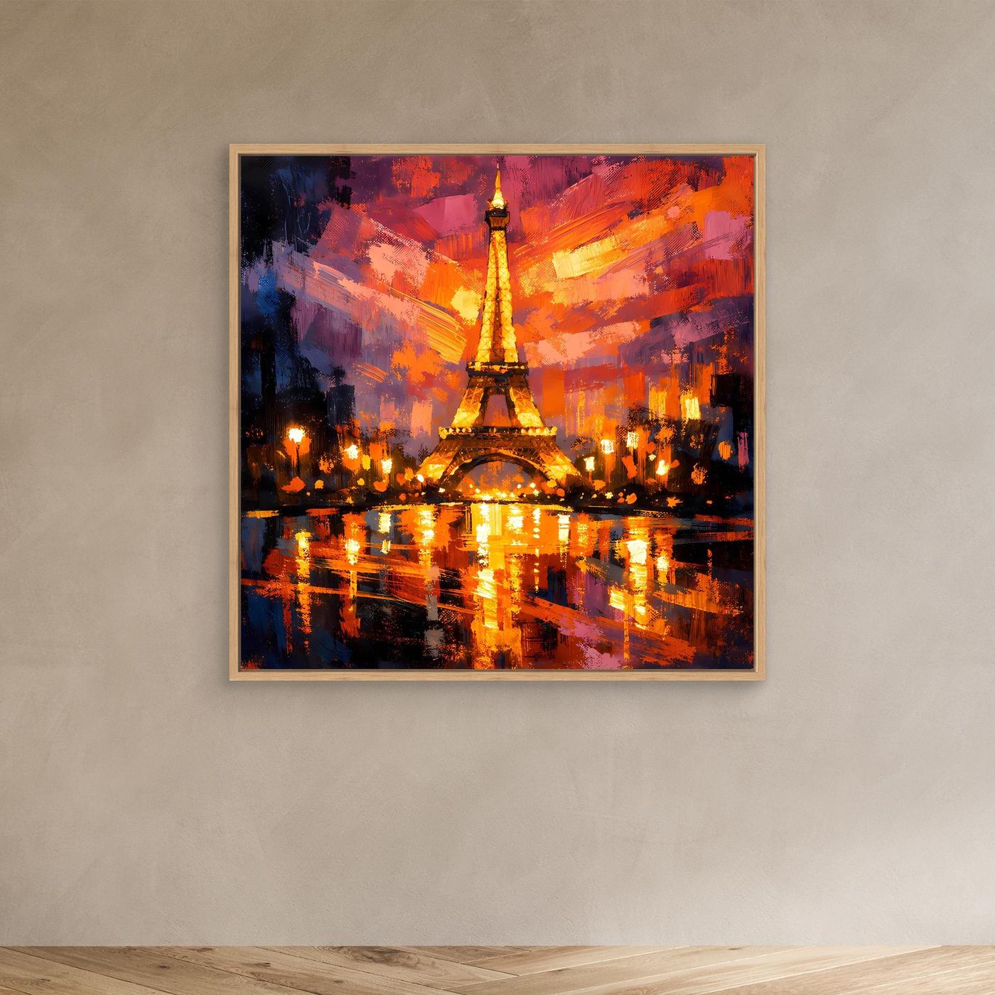 Abstraktes Leinwand-Wandbild: Eiffelturm bei Nacht mit hellbraunem Holzrahmen.
