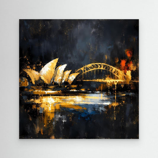 Wandbild mit goldener Skyline und Brücke über dunklem Wasser, schwarze Einfassung
