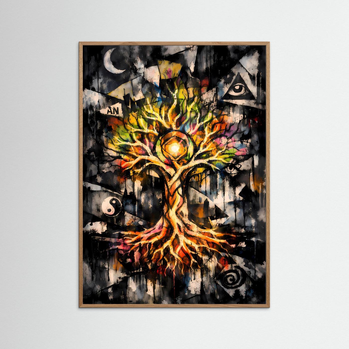 Die Harmonie des Kosmos | Mystisches Lebensbaum Poster mit spirituellen Symbolen | Abstraktes Kunstposter Hochformat