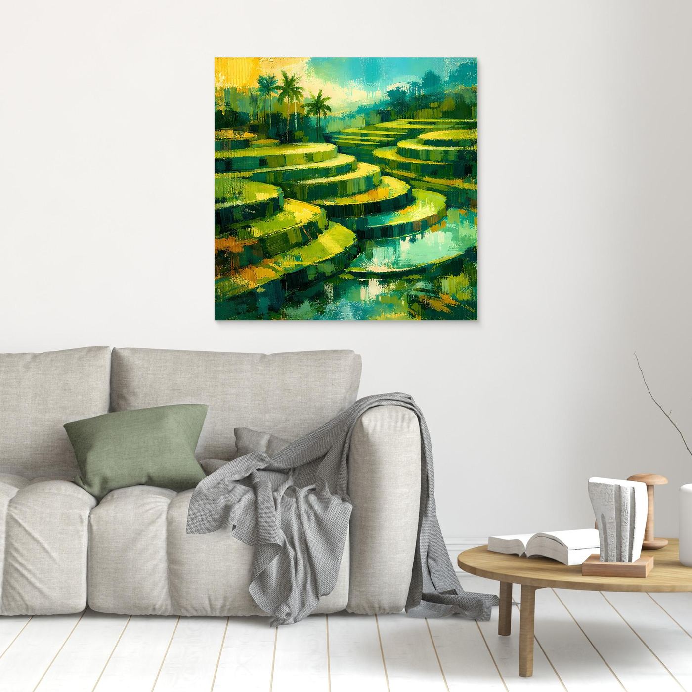 Abstraktes Wandbild auf Leinwand mit grünen Terrassen und Wasser, ohne Rahmen