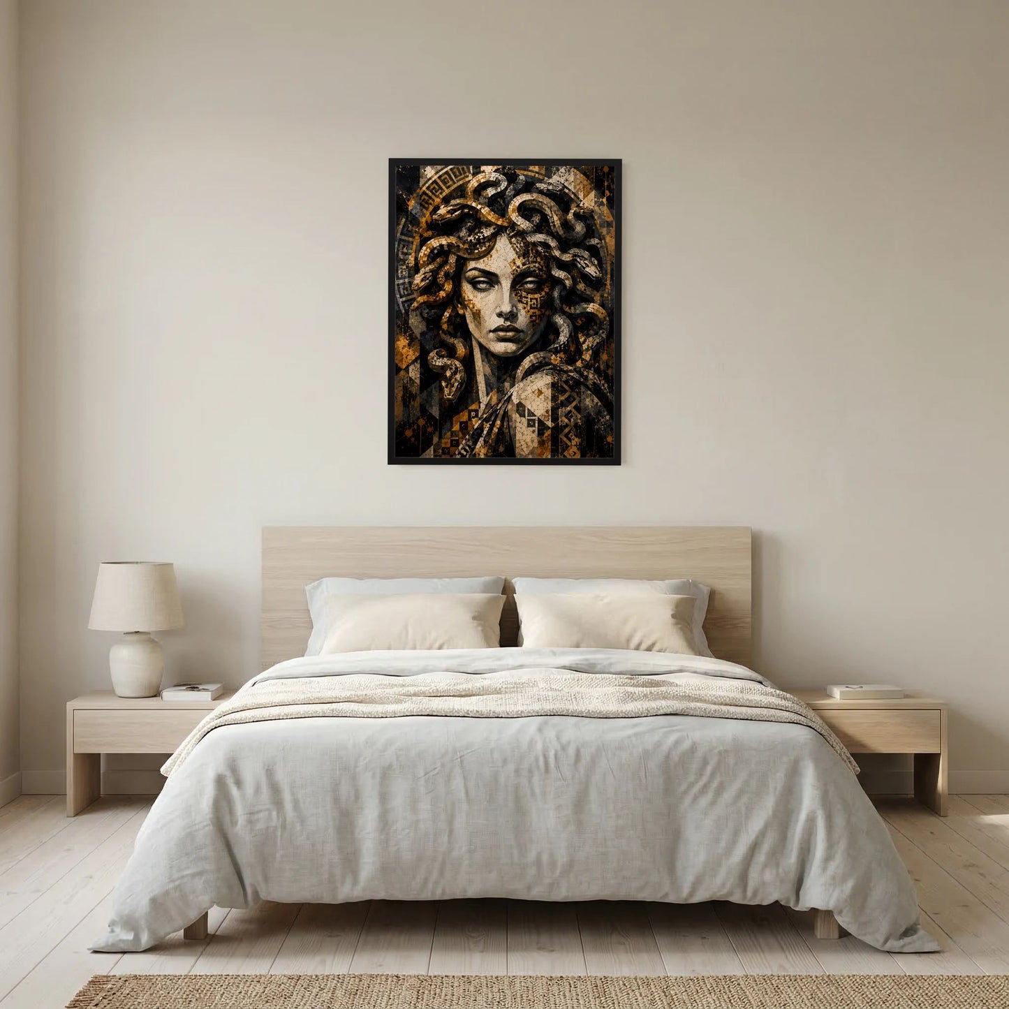 Poster im Hochformat mit Medusa-Porträt aus goldenem Mosaik auf dunklem Grund, schwarz gerahmt