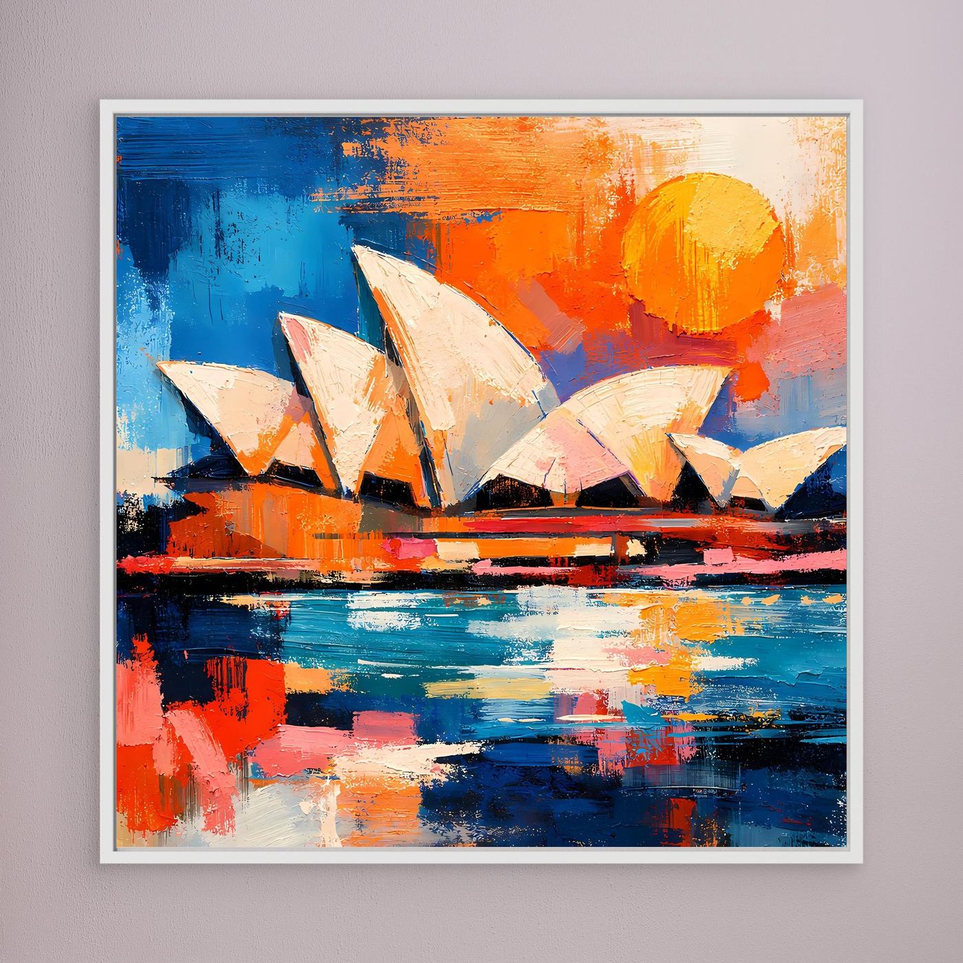 Abstract architecture wall art print with white frame, blue-orange brushstrokes and sails