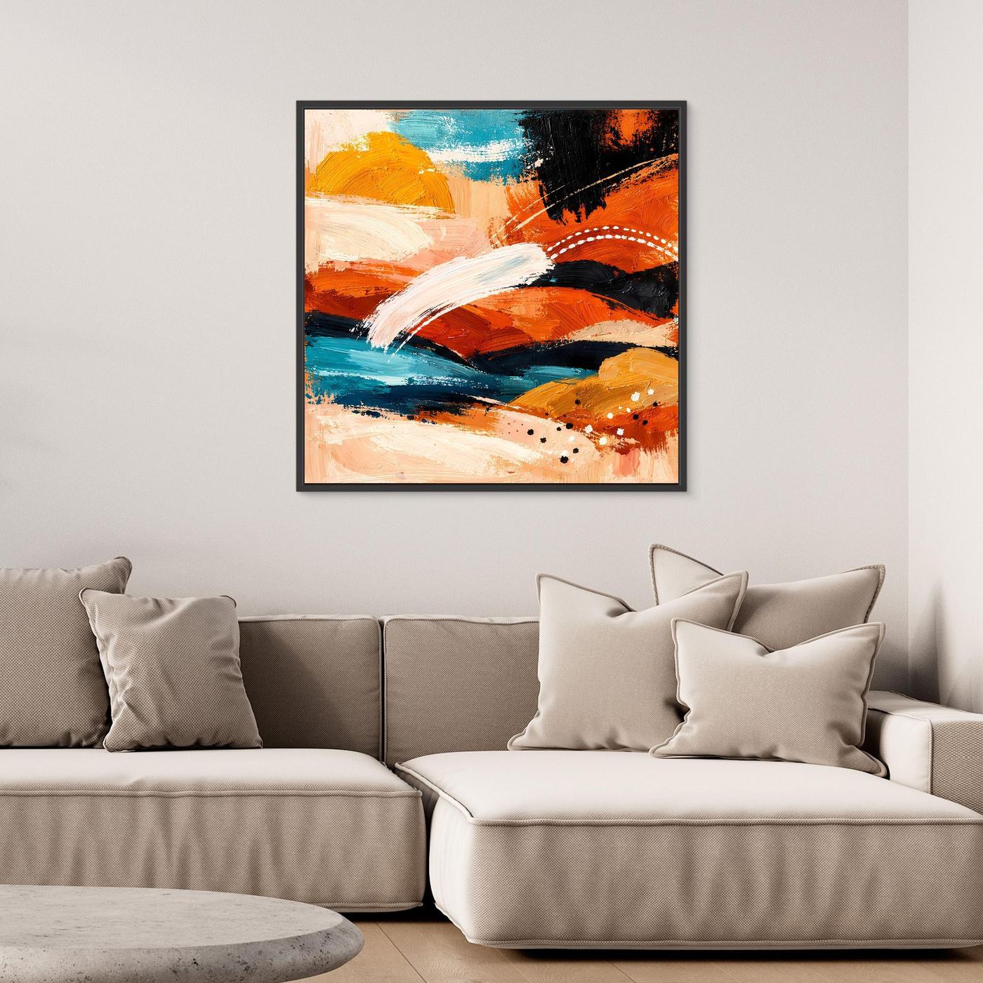 Black-framed abstract landscape wall art canvas with orange, turquoise, white strokes, and dark swipes