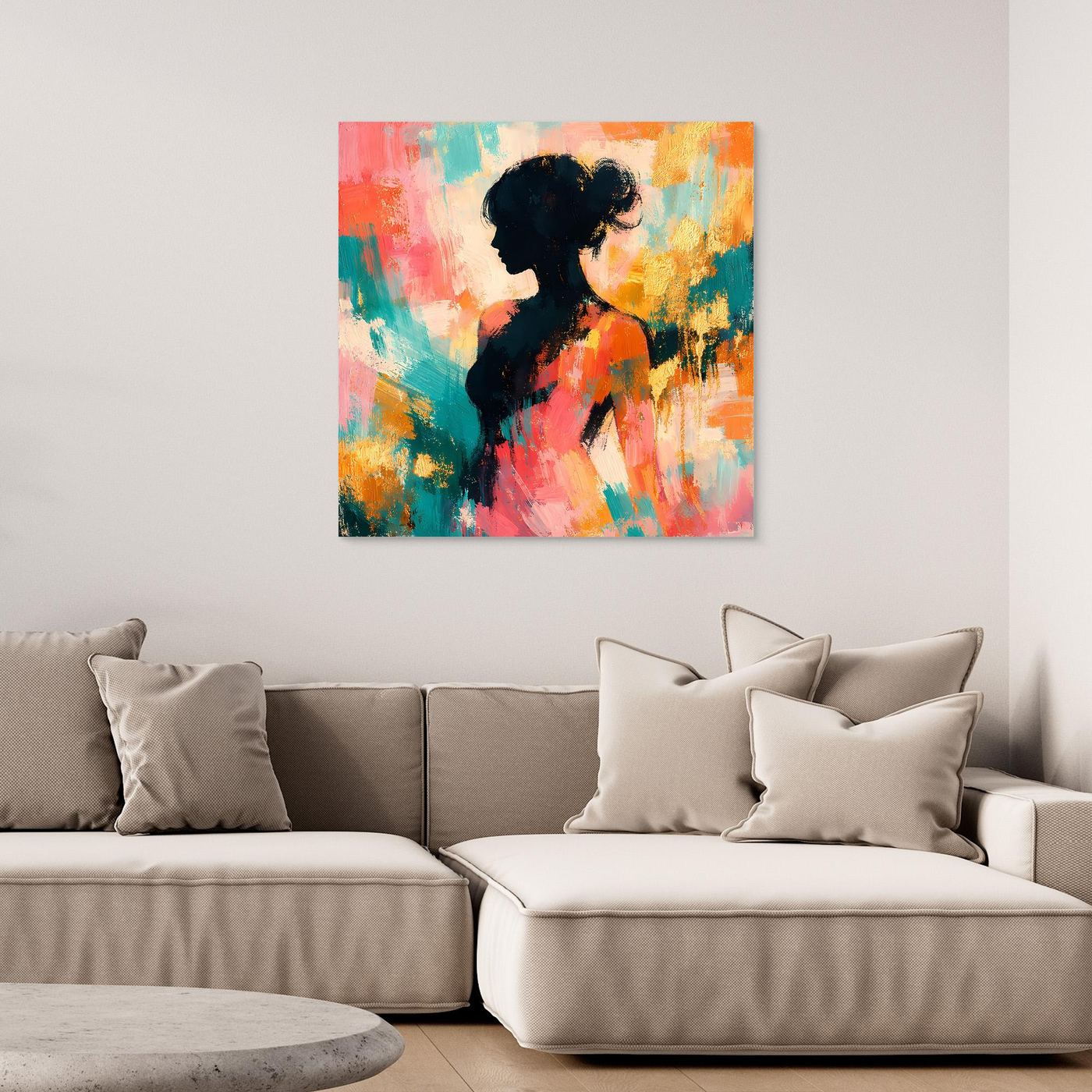 Leinwandbild mit abstrakter Frauensilhouette, pastellfarbener Farbfläche, ohne sichtbaren Rahmen