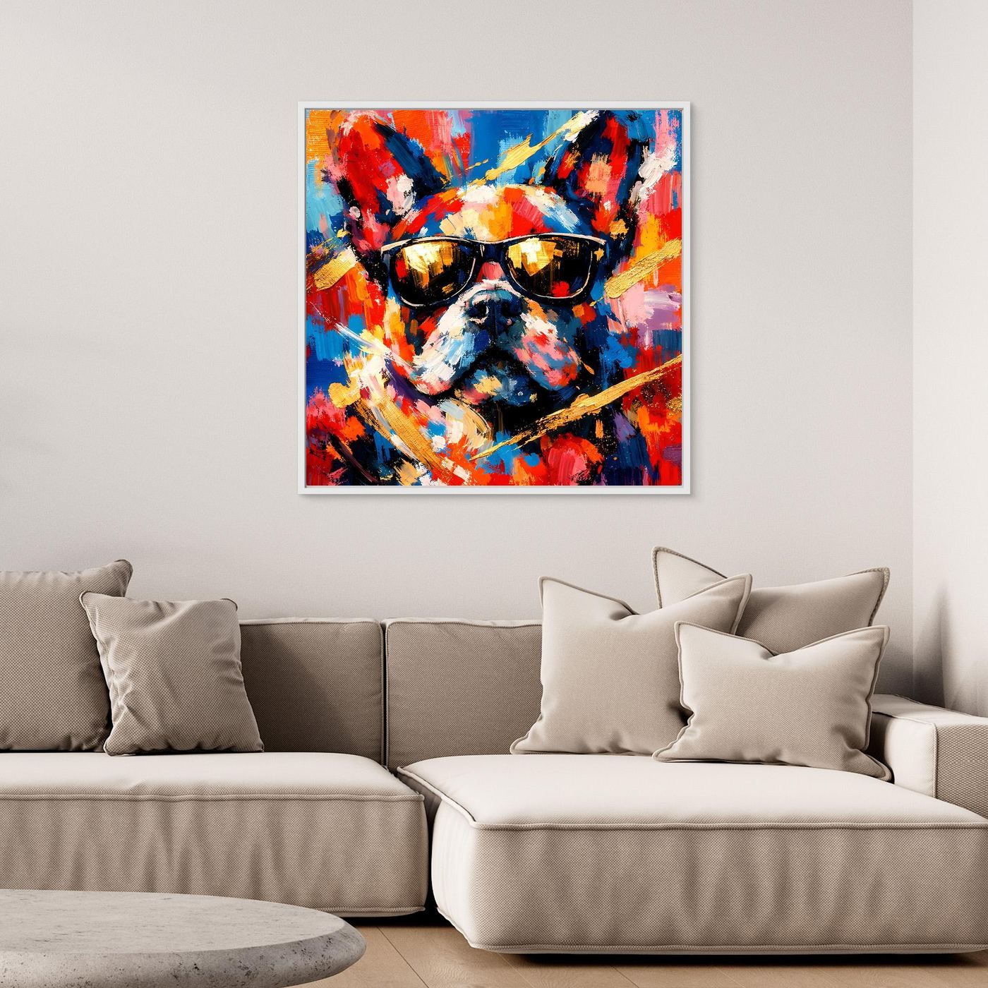 Leinwandbild mit abstrakter Französischer Bulldogge im Porträt, bunte Spritzer, Sonnenbrille