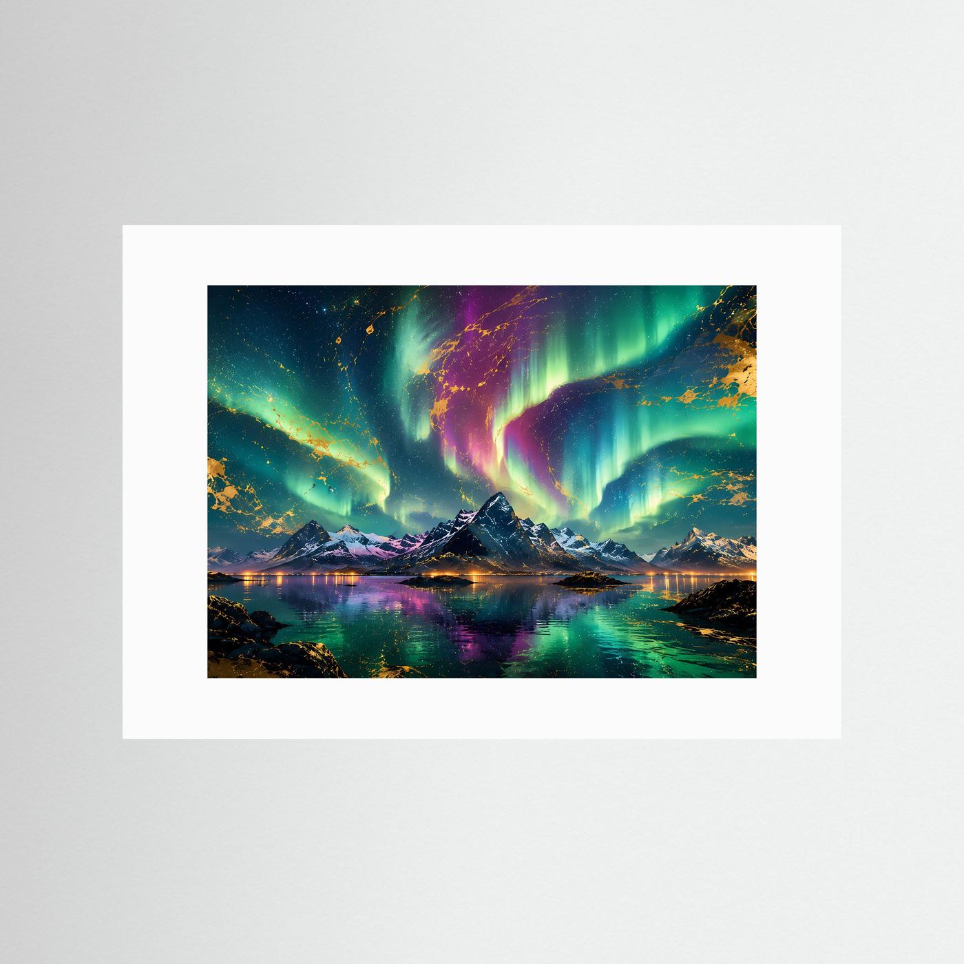 Nordlichter Poster | Aurora Borealis über Bergen | Abstrakte Landschaftskunst mit Gold | Polarlichter Wandbild | Premium Leinwand & Moderne Wall Art