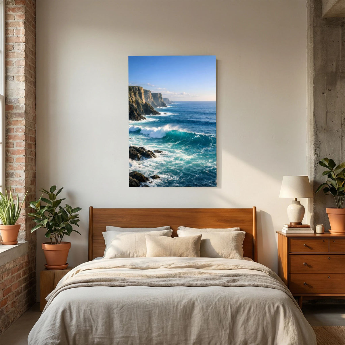 Hochformatiges Wandbild mit blauem Rand: Steilküste im Meer mit starkem Wellengang