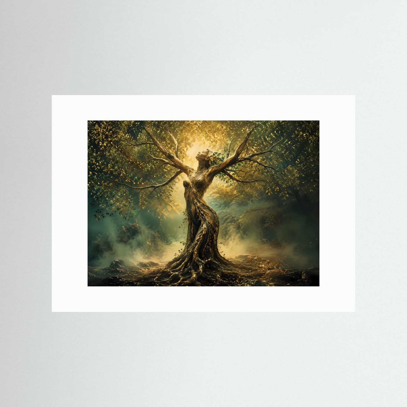 Göttin des Waldes | Mystischer Lebensbaum in Gold & Grün – Fantasy Wandkunst
