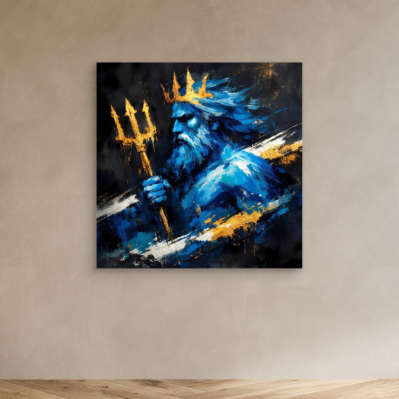 Leinwand Poseidon Gott des Meeres | Abstraktes Mythologie Wandbild Blau Gold