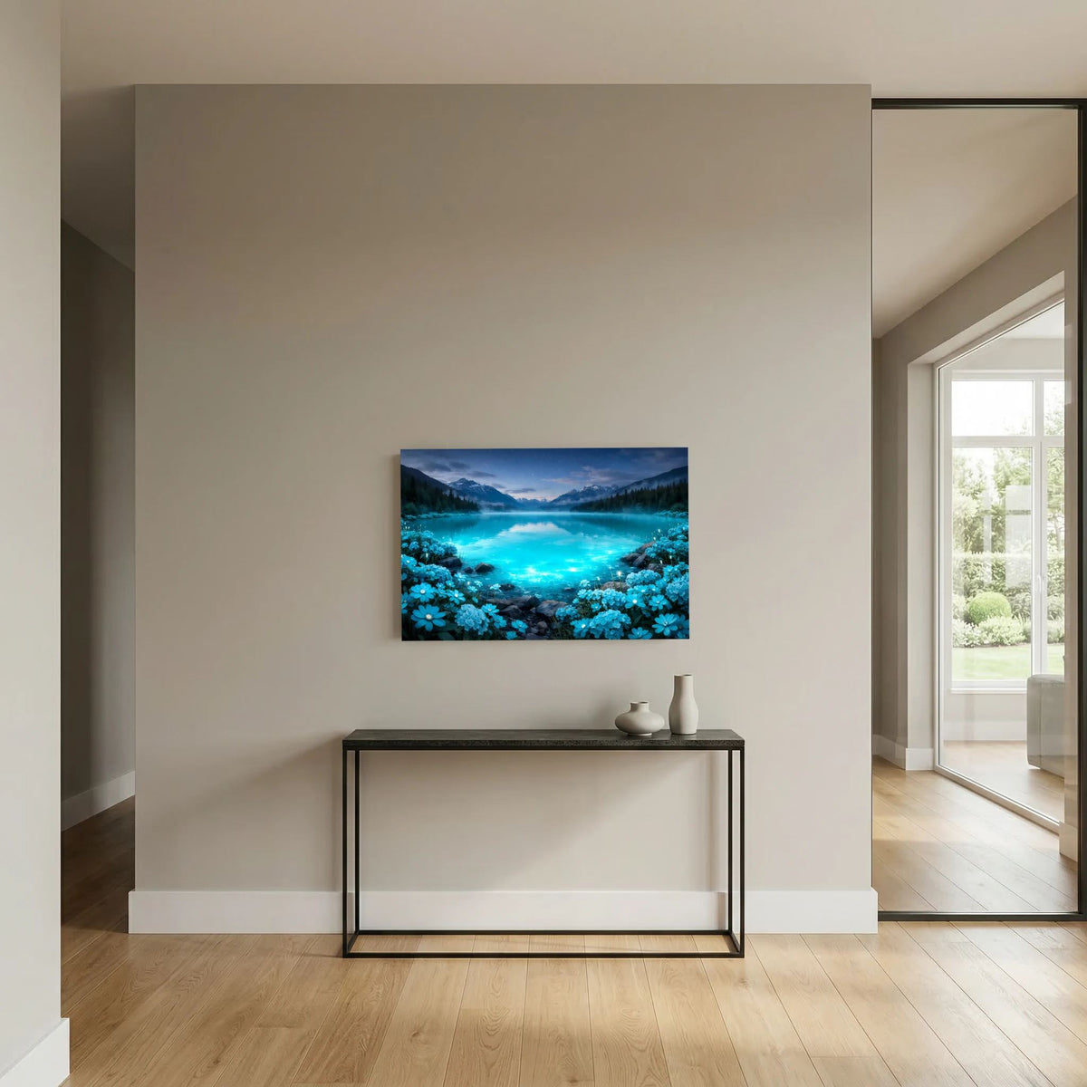 Querformatiges Wandbild mit Bergsee in Türkisblau und blauen Blüten im Vordergrund
