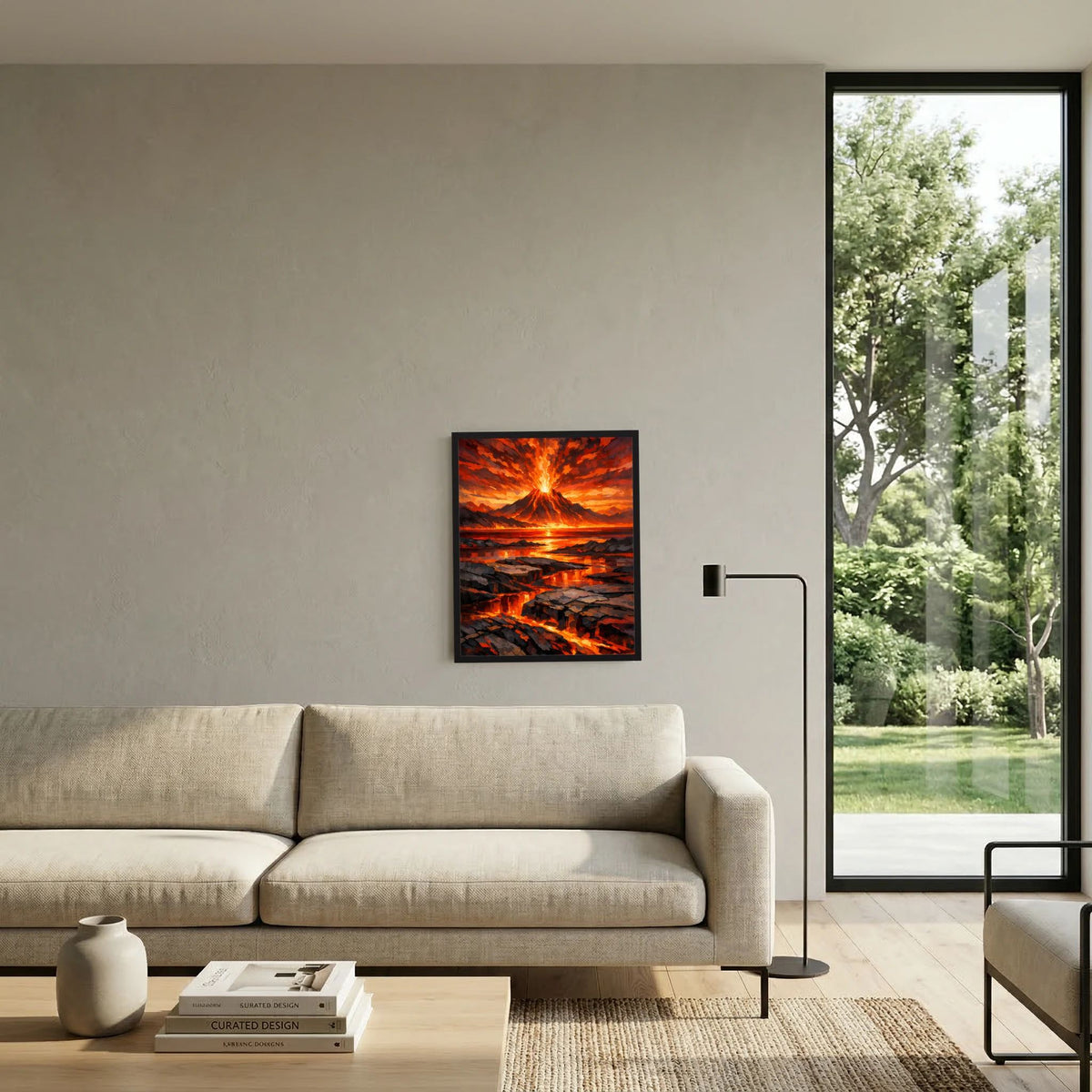 Gerahmtes Hochformat-Poster mit glühendem Krater, Lavafluss und warmem Sonnenuntergangs-Himmel