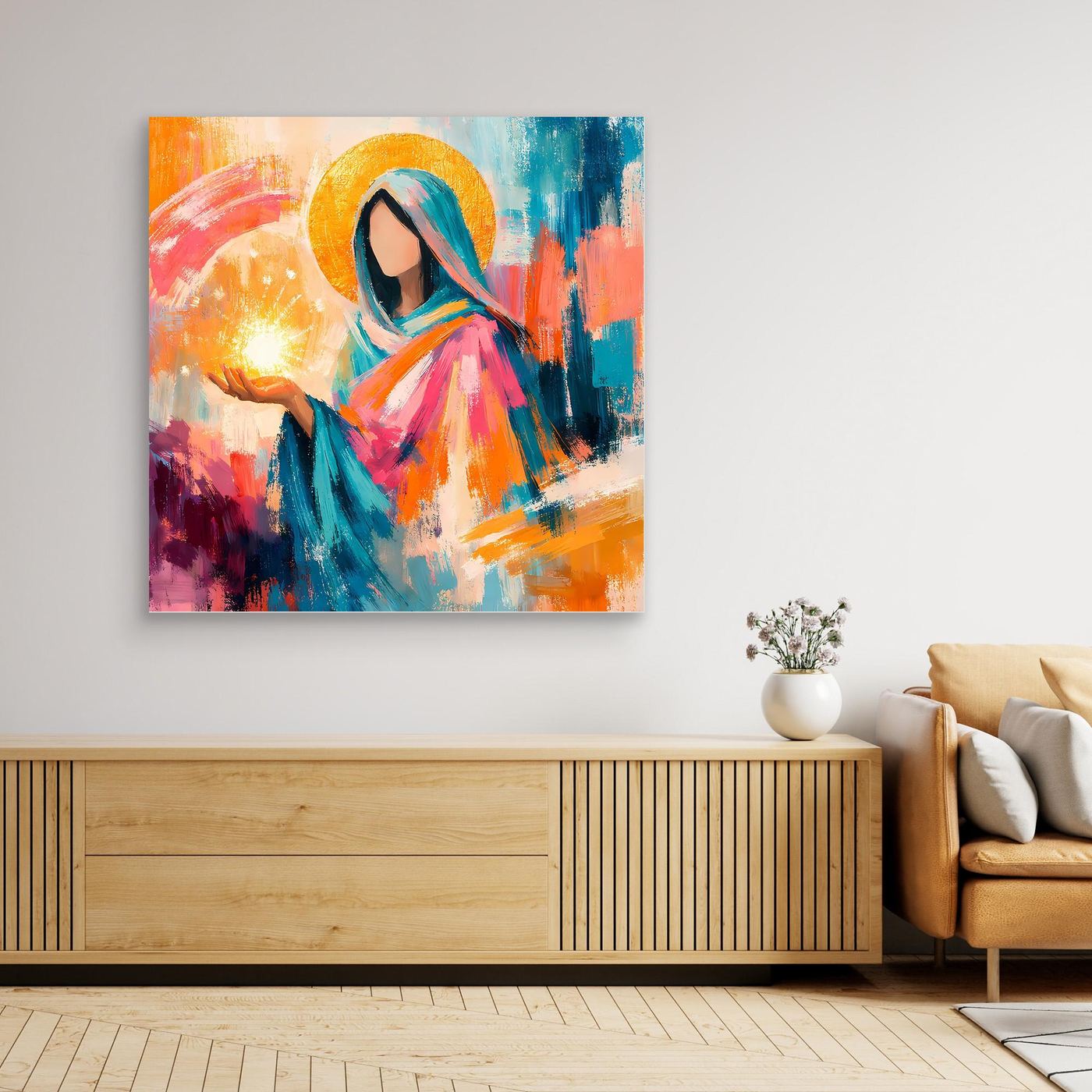 Wandbild mit abstrakter Heiligenfigur, orange-hellblau, mit hellem Rahmen