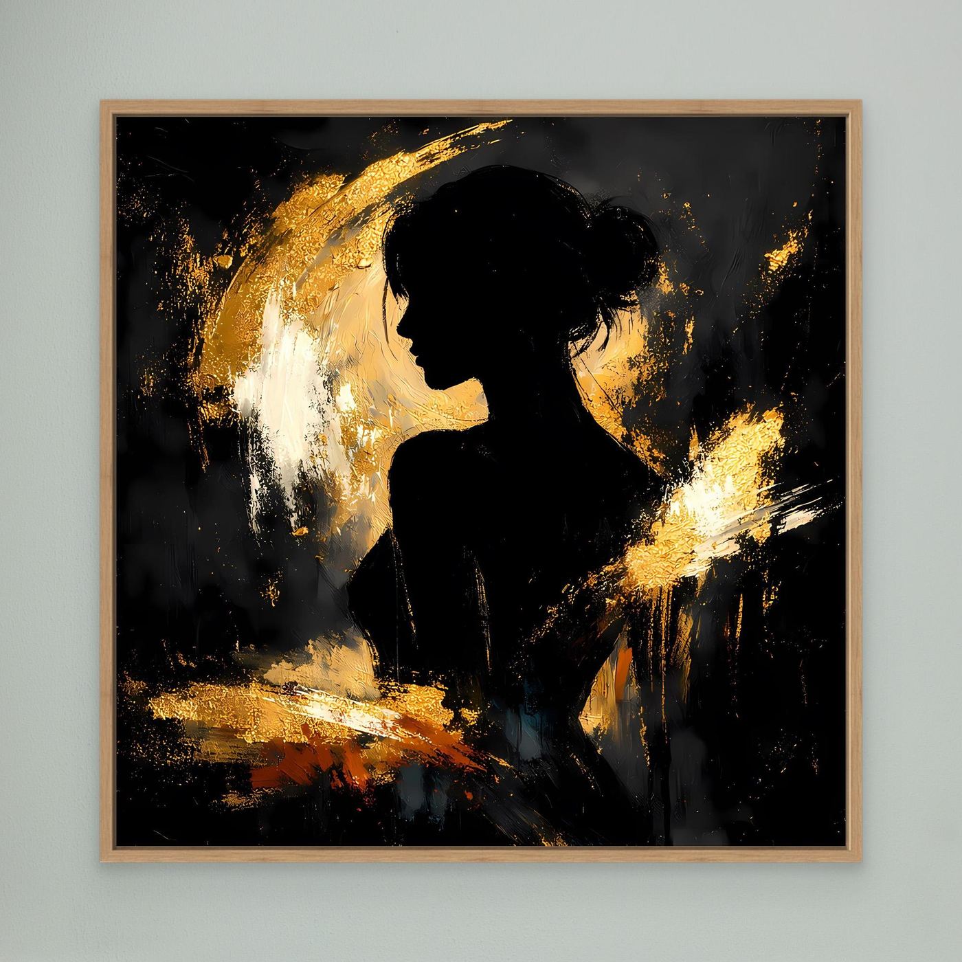 Leinwand Elegante Silhouette in Gold und Schwarz | Modernes Abstraktes Frauen Portrait Wandbild