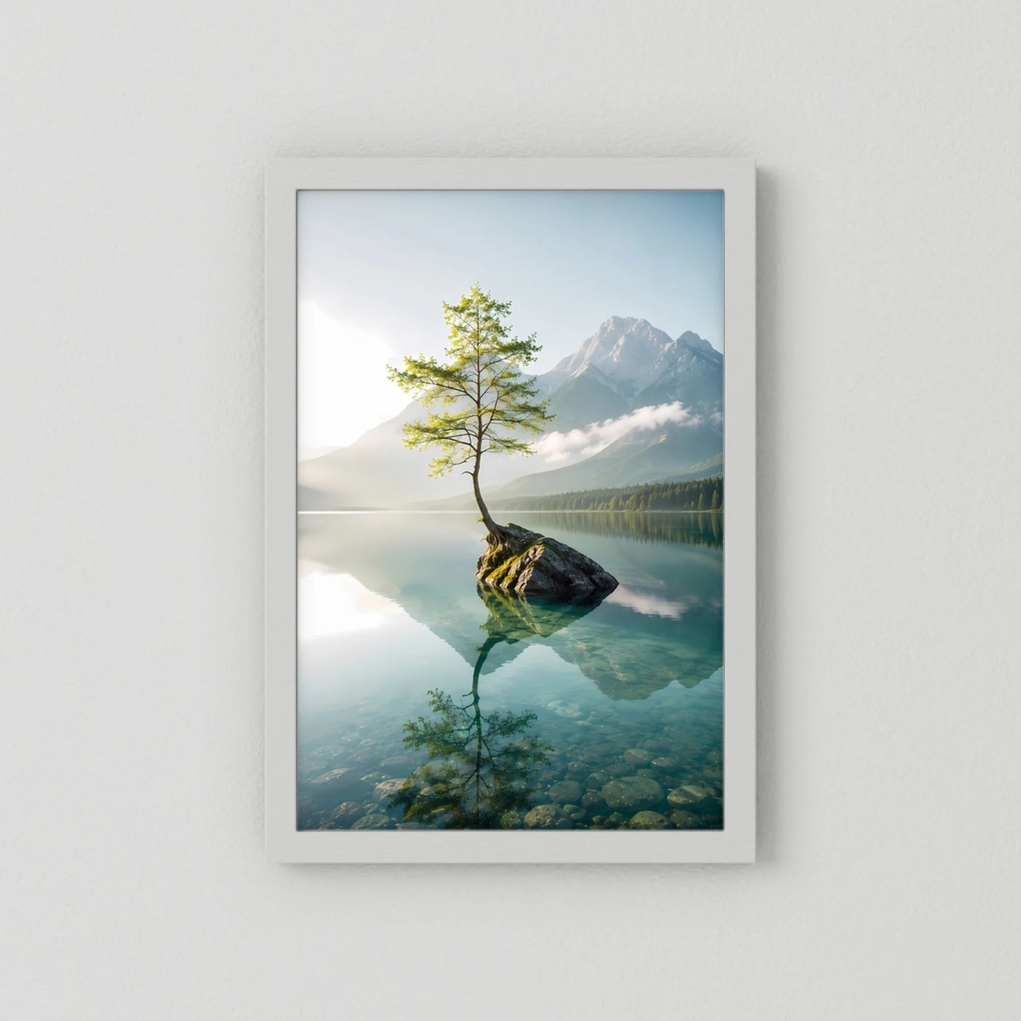 Baum im Bergsee | Stille Berglandschaft mit Spiegelung | Poster Hochformat