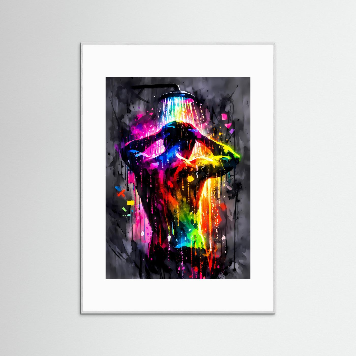 Die Farben der Reinigung | Neon Dusche Poster in bunten Regenbogenfarben | Abstraktes Kunstposter Hochformat