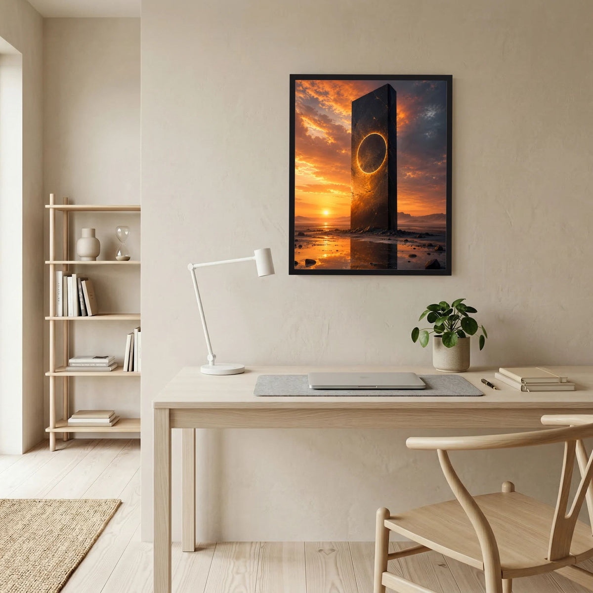 Hochformat-Poster mit schwarzem Monolithen und goldenem Portalring im Sonnenuntergang am Meer.