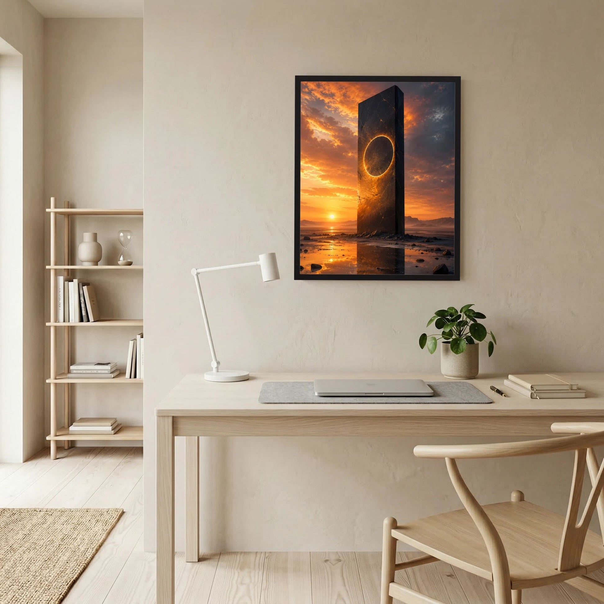 Hochformat-Poster mit schwarzem Monolithen und goldenem Portalring im Sonnenuntergang am Meer.