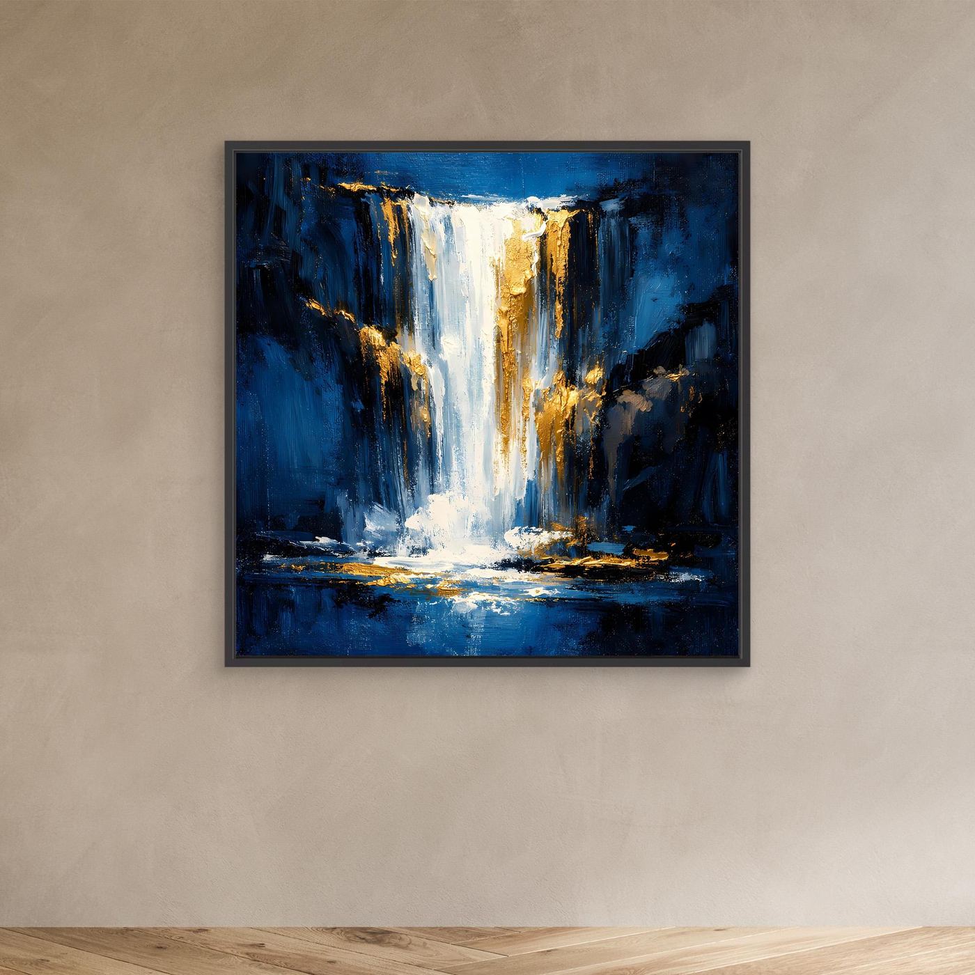 Leinwand Abstraktes Wasserfall Gemälde in Dunkelblau und Gold | Modernes Natur Wandbild