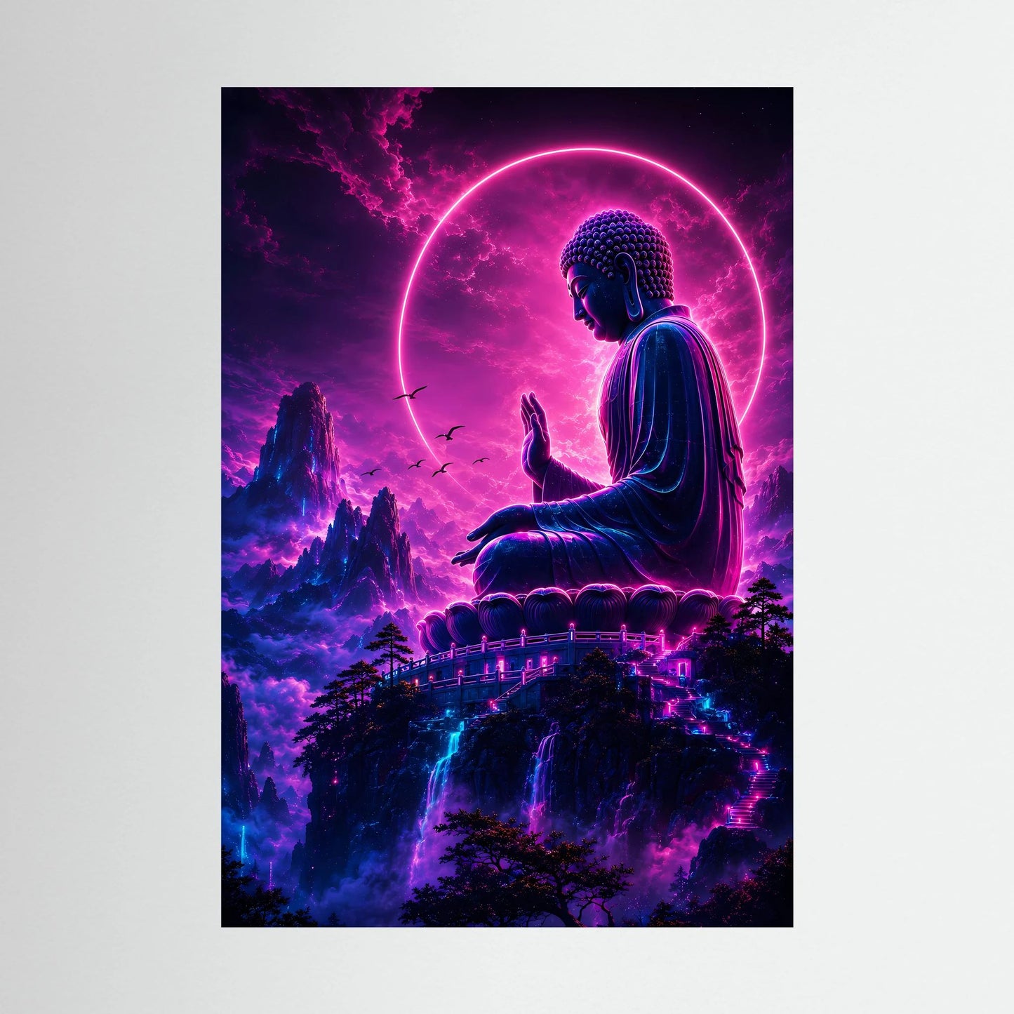 Meditierender Buddha als Neon-Poster, violett-pinkes Licht, Leuchtkreis und Blautöne vor Bergen