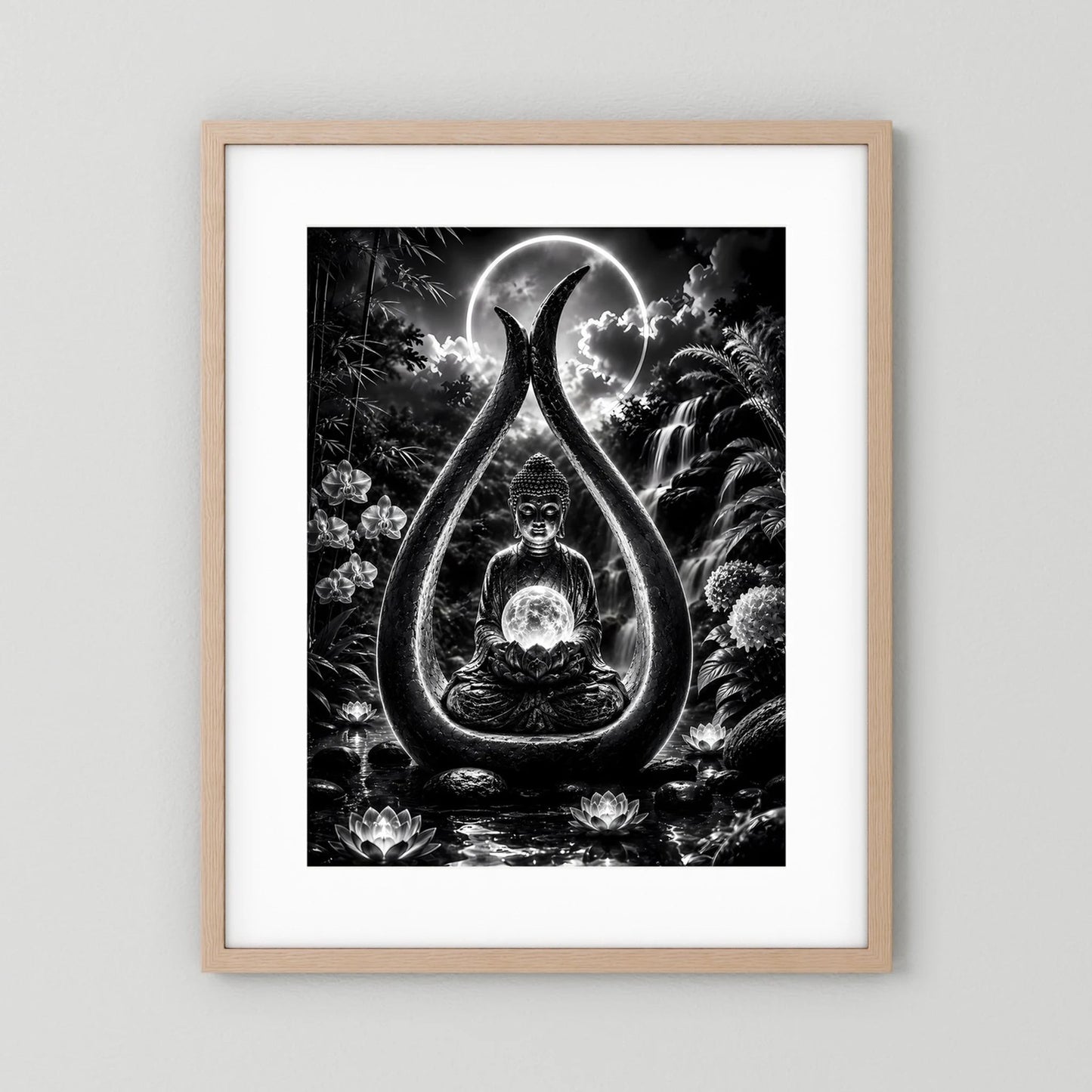 Hochformatiges Zen-Poster mit sitzendem Buddha im Tropfen-Motiv, Schwarzweiß, mit Holzrahmen und Rand.