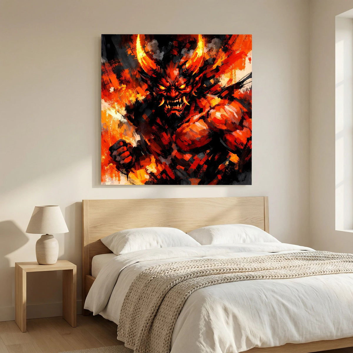 Leinwand-Wandbild mit feuriger Oni-Figur, orange Flammenranken, schwarze Schraffuren und geballte Fäuste