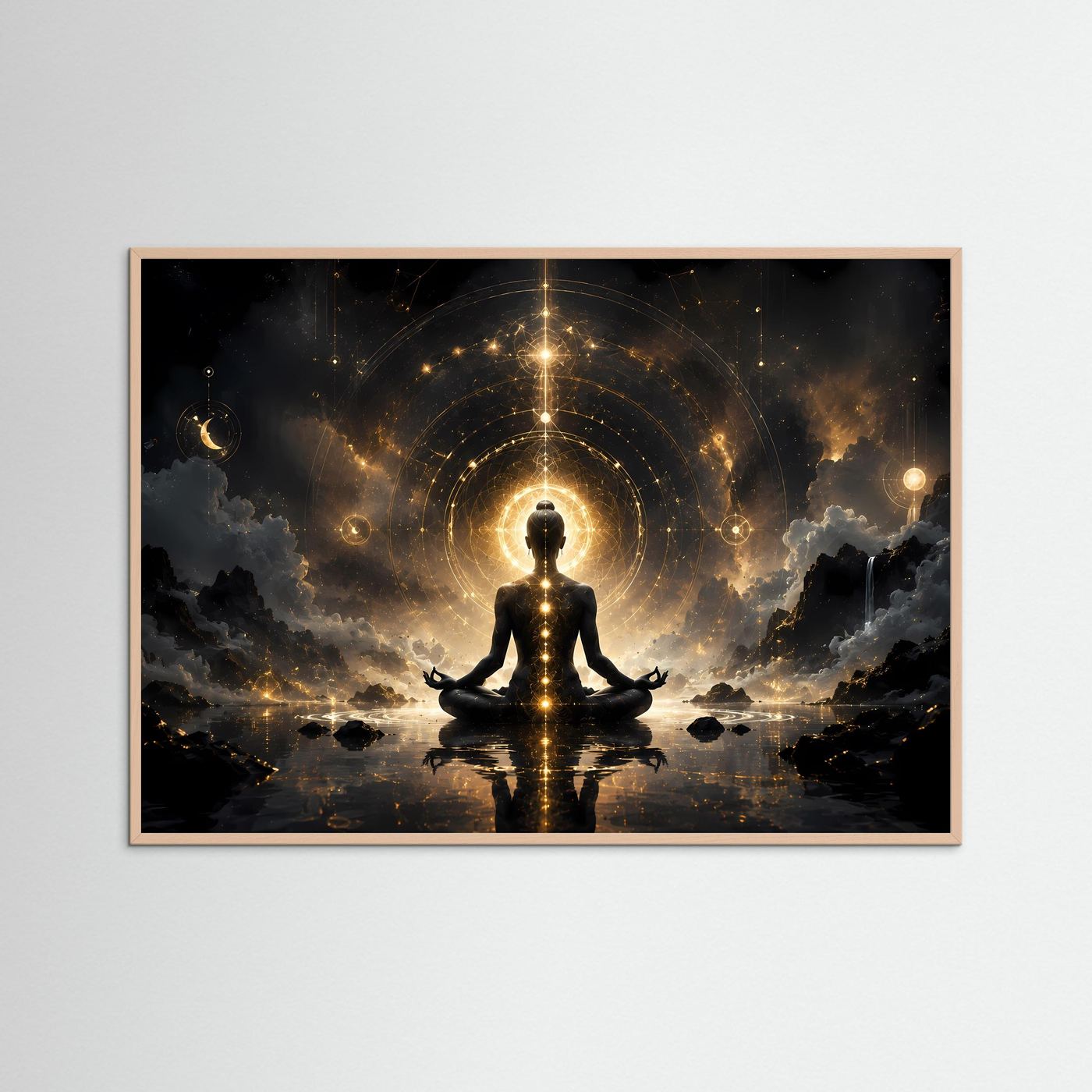 Meditation & Heilige Geometrie in Gold | Spirituelles Zen Wandbild Querformat