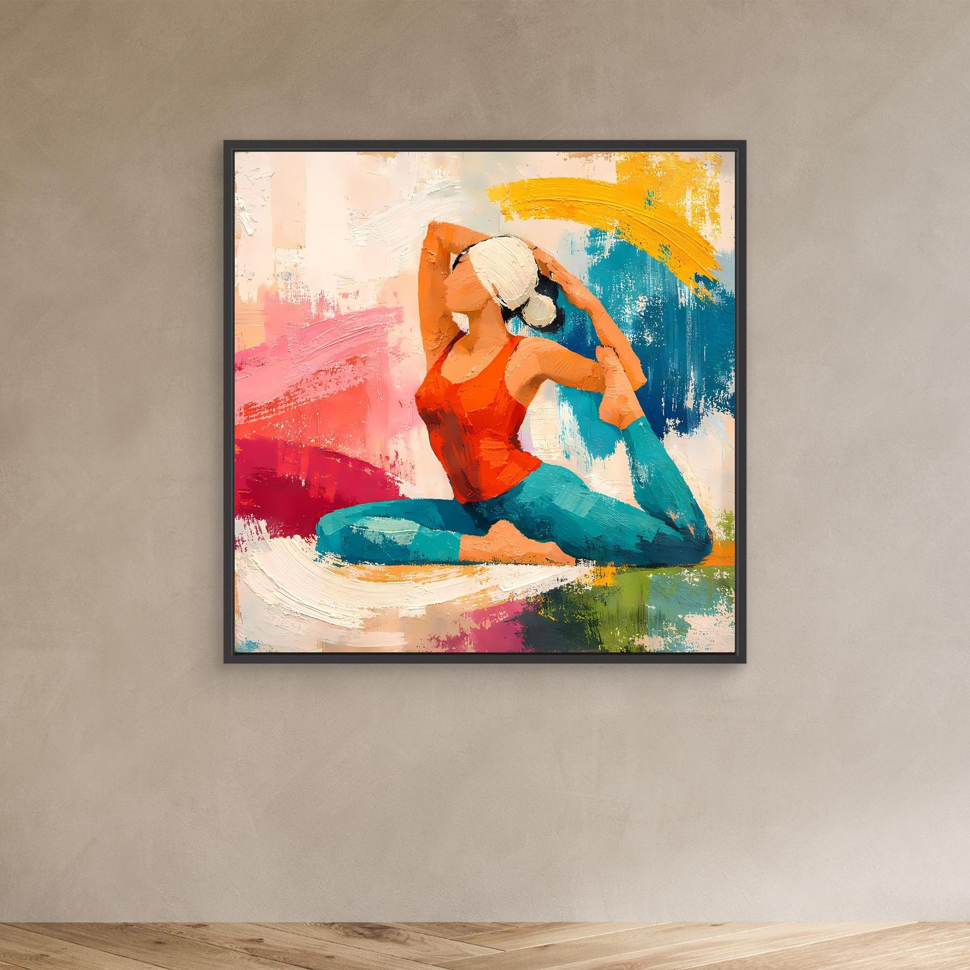 Leinwand-Wandbild mit abstrakter Yoga-Figur: kniende Frau, bunte Pinselstriche, schwarzer Rahmen