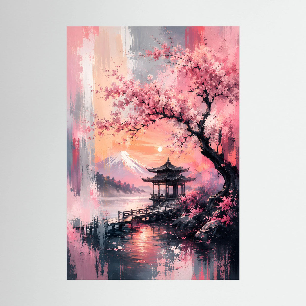 Japanisches Kirschblüten-Landschaftsposter mit Pagode am See, Hochformat