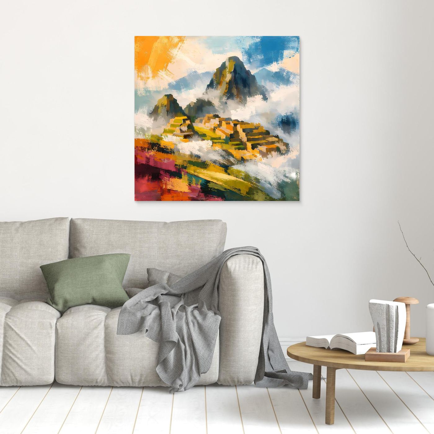Abstraktes Wandbild mit bunten Pinselstrichen und Berglandschaft, klein ohne Rahmen