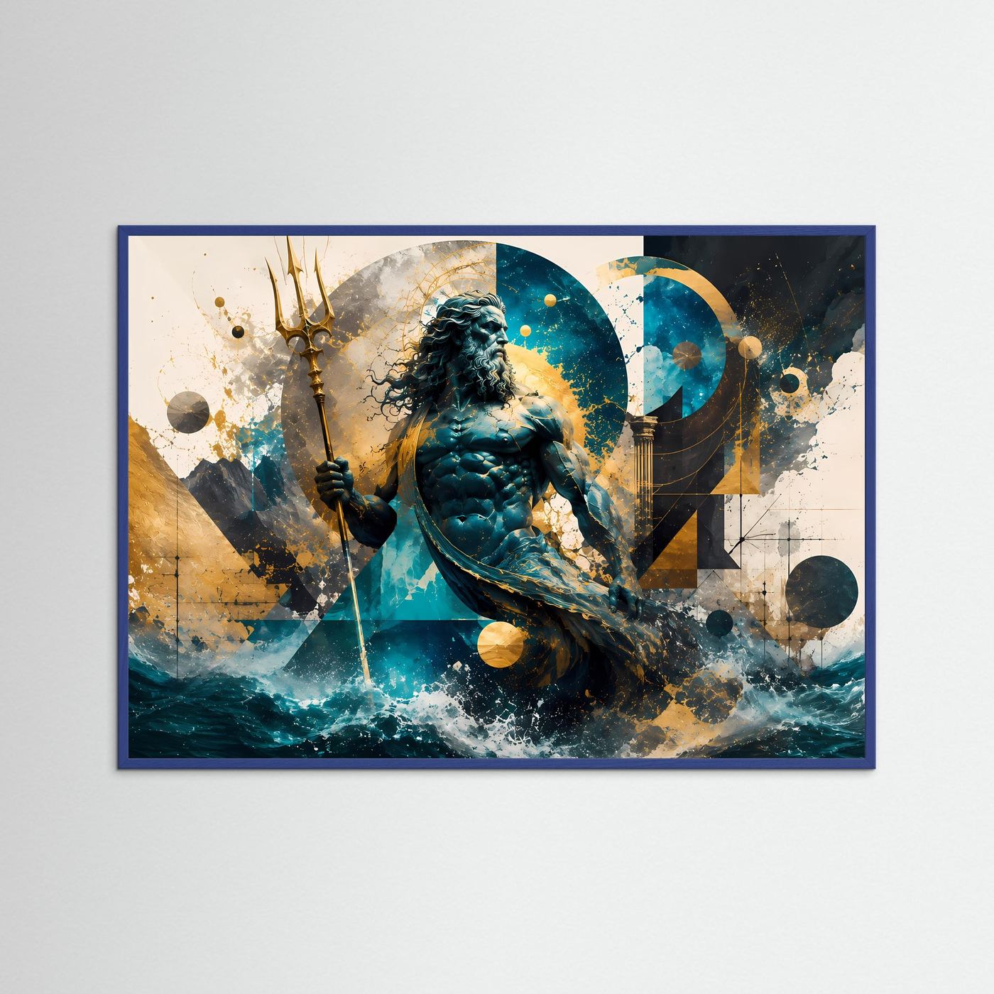 Poseidon Poster | Abstrakte Griechische Mythologie Wandkunst | Meeresgott mit Dreizack | Moderne Leinwand | Geometrische Fantasy Kunst