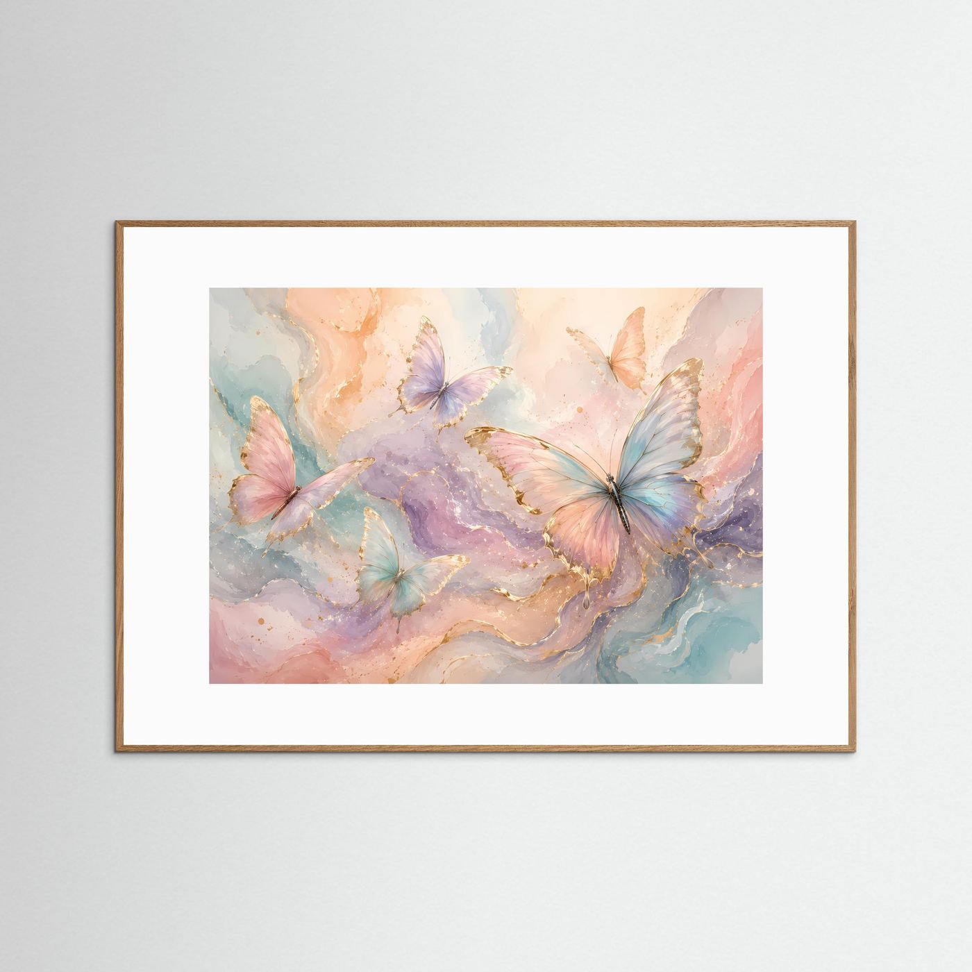 Pastell Schmetterlinge Poster | Elegante Schmetterlingskunst in Rosa Blau Gold | Moderne Aquarell Wanddekoration | Abstrakter Kunstdruck
