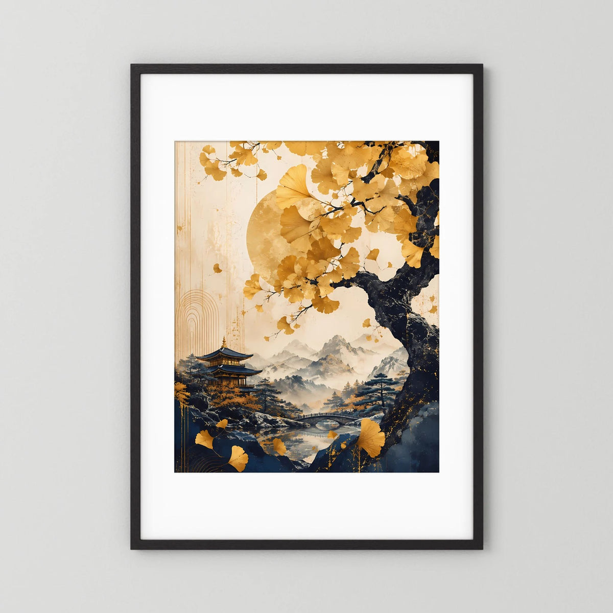 Poster im Hochformat mit goldenen Ginkgoblättern, Pagode und Mond über Berglandschaft, schwarzer Rahmen