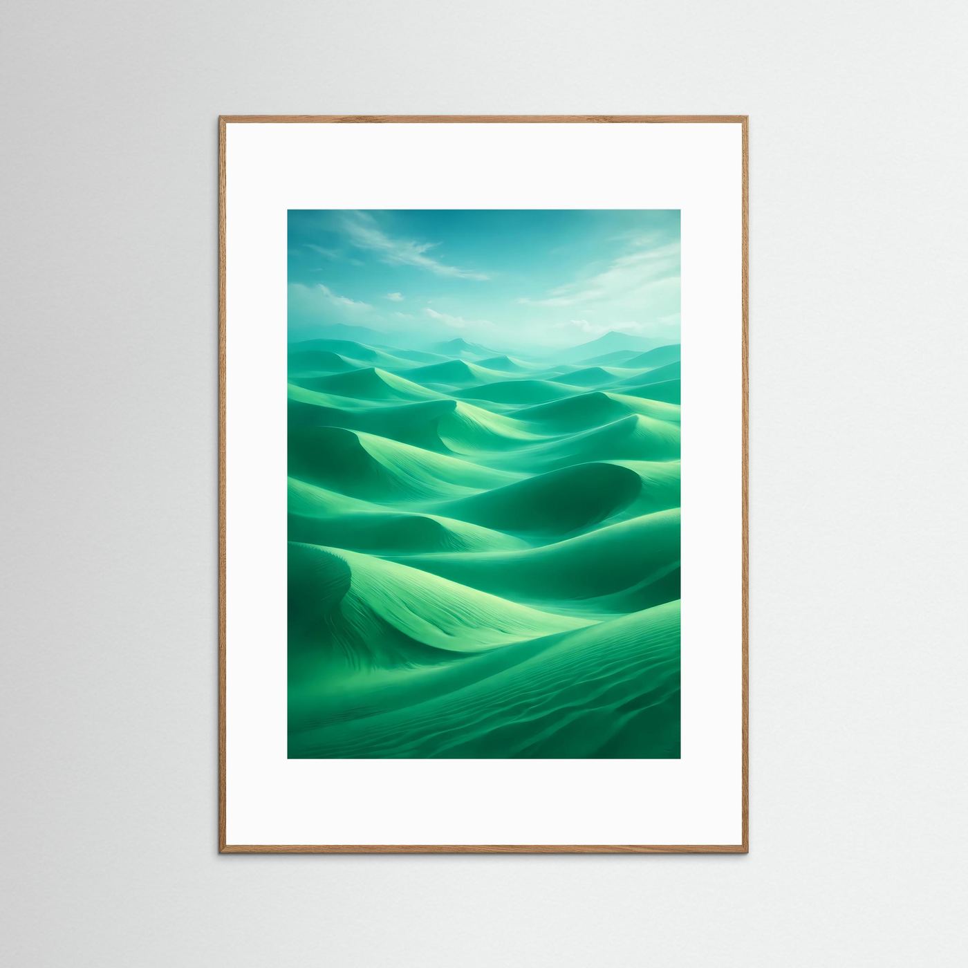 Hochformat-Poster mit abstrakten Dünen in Türkis und Smaragdgrün, naturbrauner Rahmen