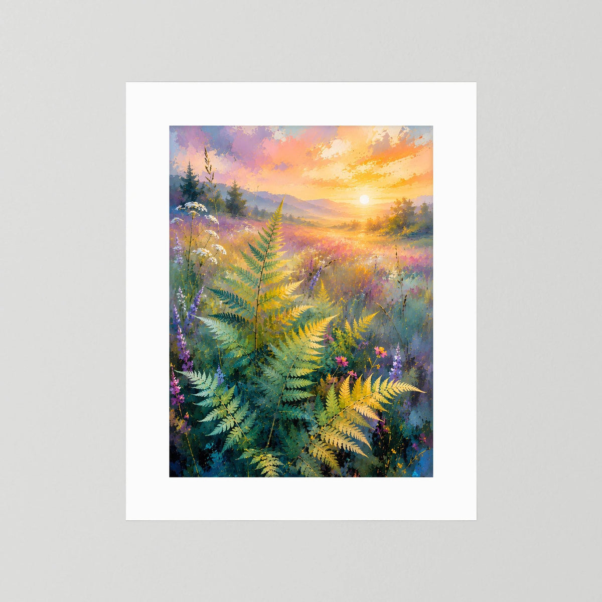 Poster im Hochformat ohne Rahmen: abstrakte Farnlandschaft in Pastellfarben mit Sonne