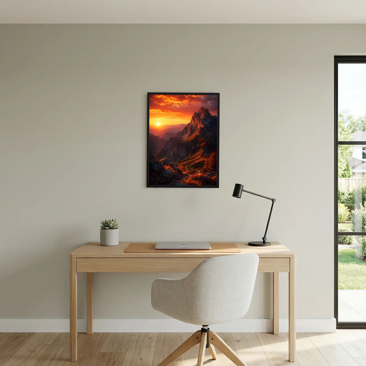 Wandposter mit Bergmotiv und Sonnenuntergangshimmel, schwarzer Rahmen über hellem Schreibtisch