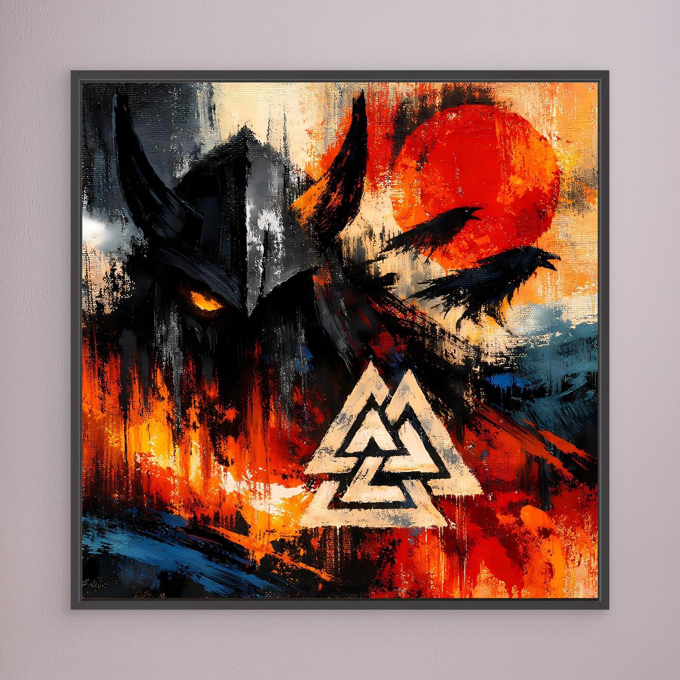 Wandbild im schwarzen Rahmen: schwarzer Vogel, rote Farbflächen und weißes Valknut-Symbol