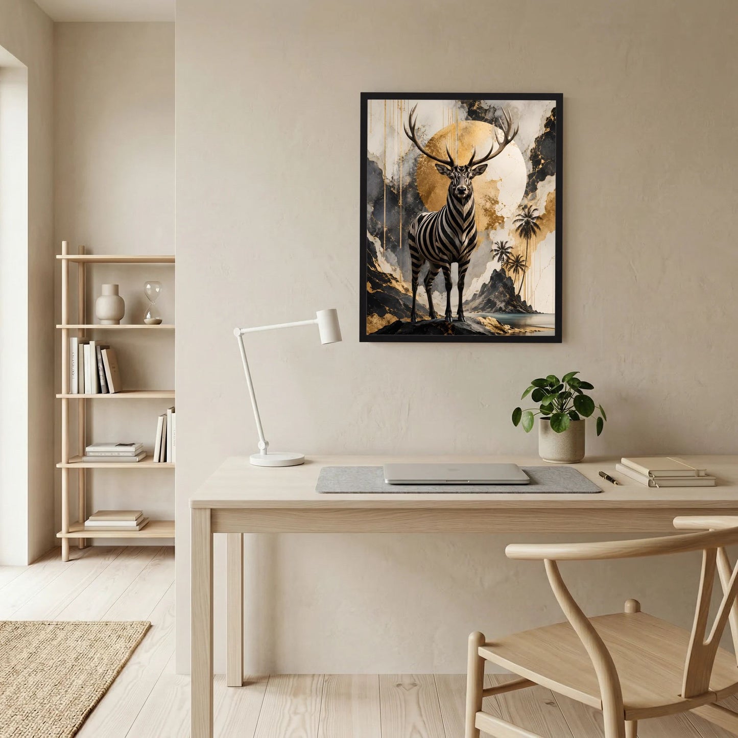 Hochformatiges Kunstposter mit Zebra-Hirsch im schwarzen Rahmen, goldene Mondscheibe und Streifenmuster