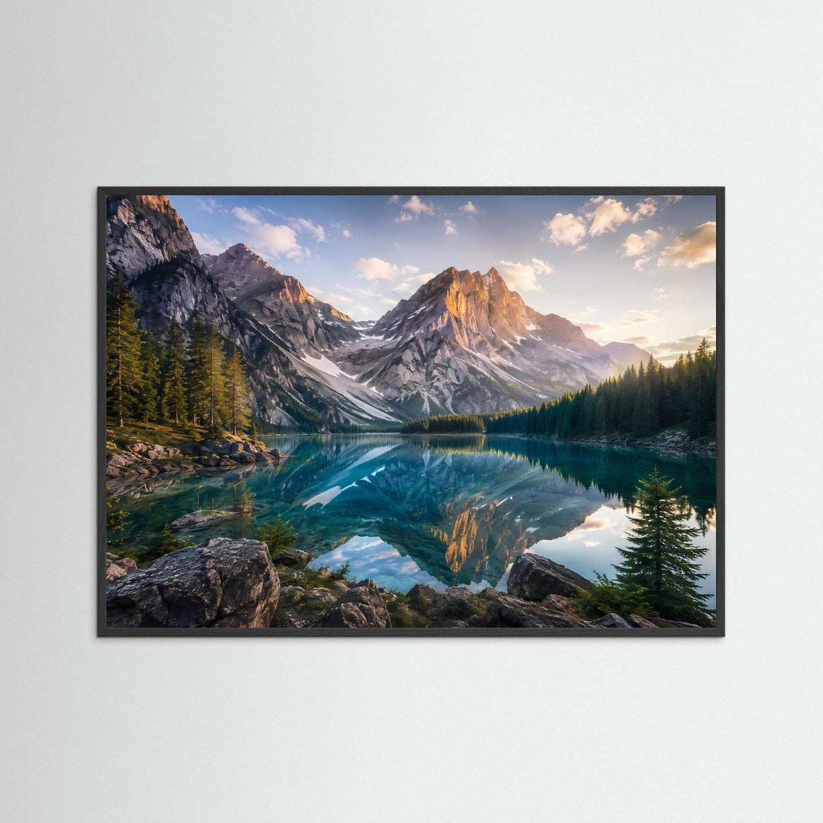Bergsee-Poster im Querformat mit schwarzem Holzrahmen und Spiegelung im Bergsee