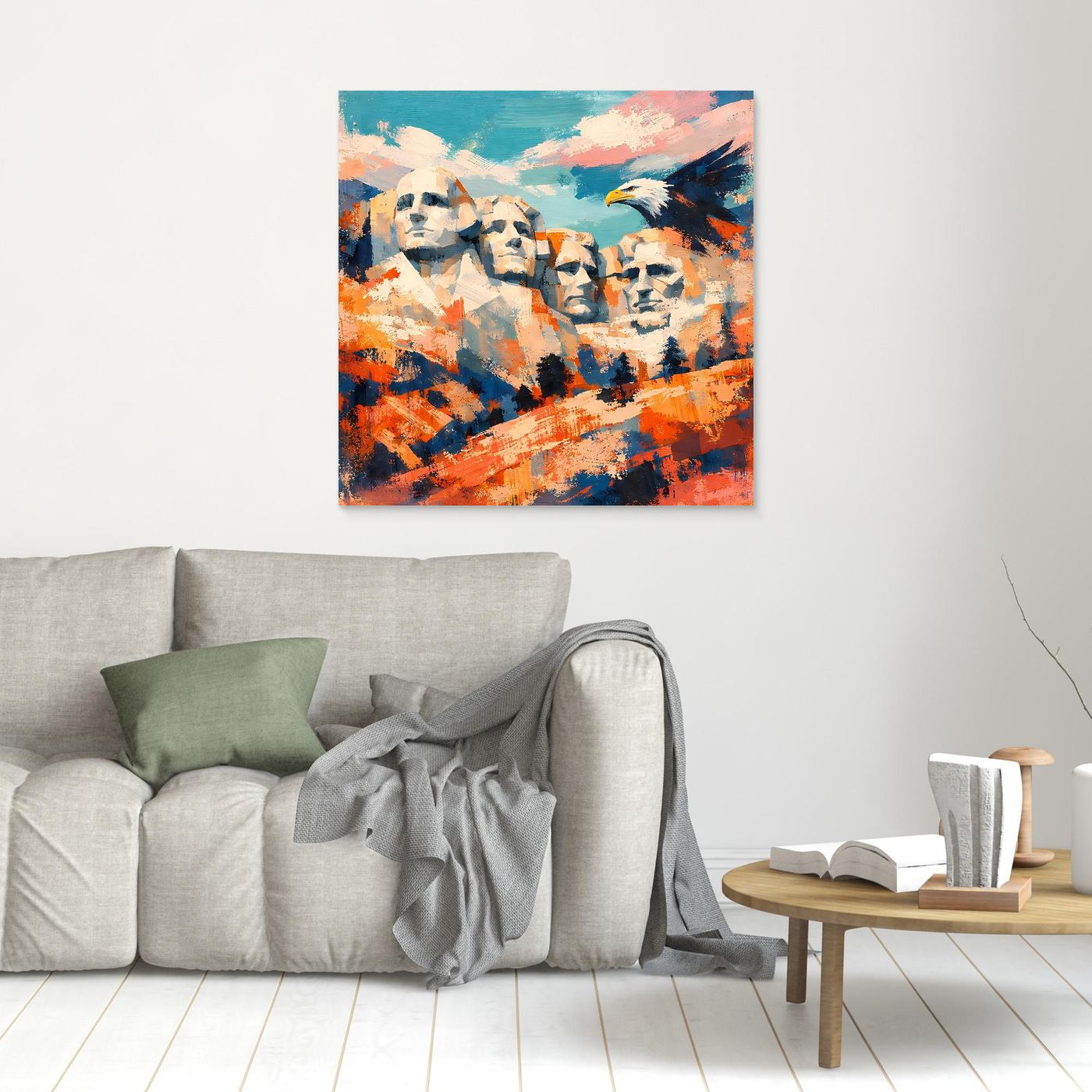Abstraktes Leinwand-Wandbild mit Mount-Rushmore-Gesichtern und Adler, ohne Rahmen