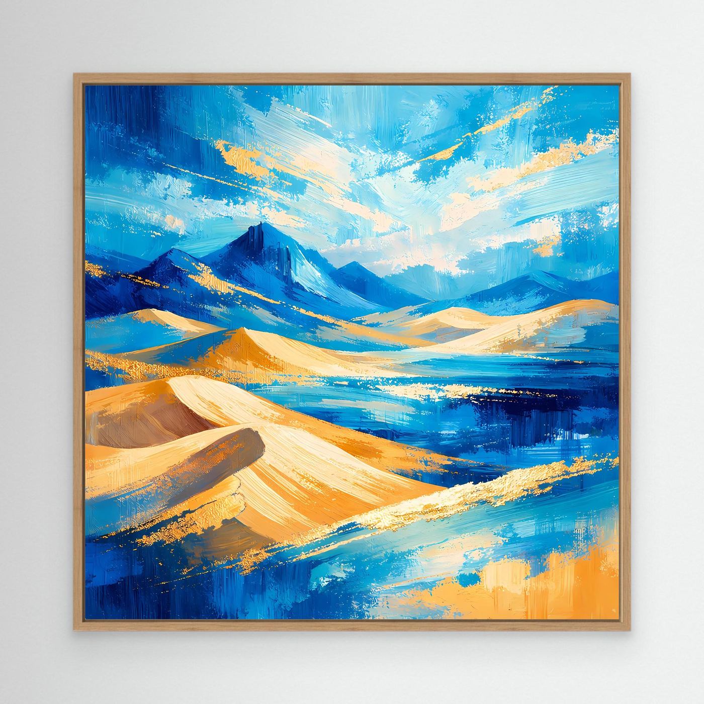 Leinwandbild abstrakte Berglandschaft mit Dünen, Blau-Gold-Gelb, Holzrahmen (Eiche)