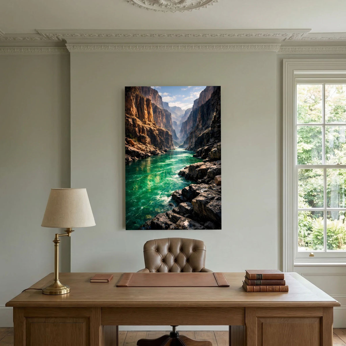Hochformatiges Wandposter mit Schluchtlandschaft: türkisgrüner Fluss zwischen Klippen