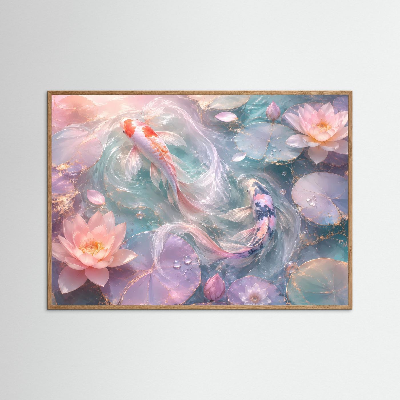 Koi-Karpfen & Lotusblüten in Pastell | Elegante Zen-Wandkunst mit Goldakzenten