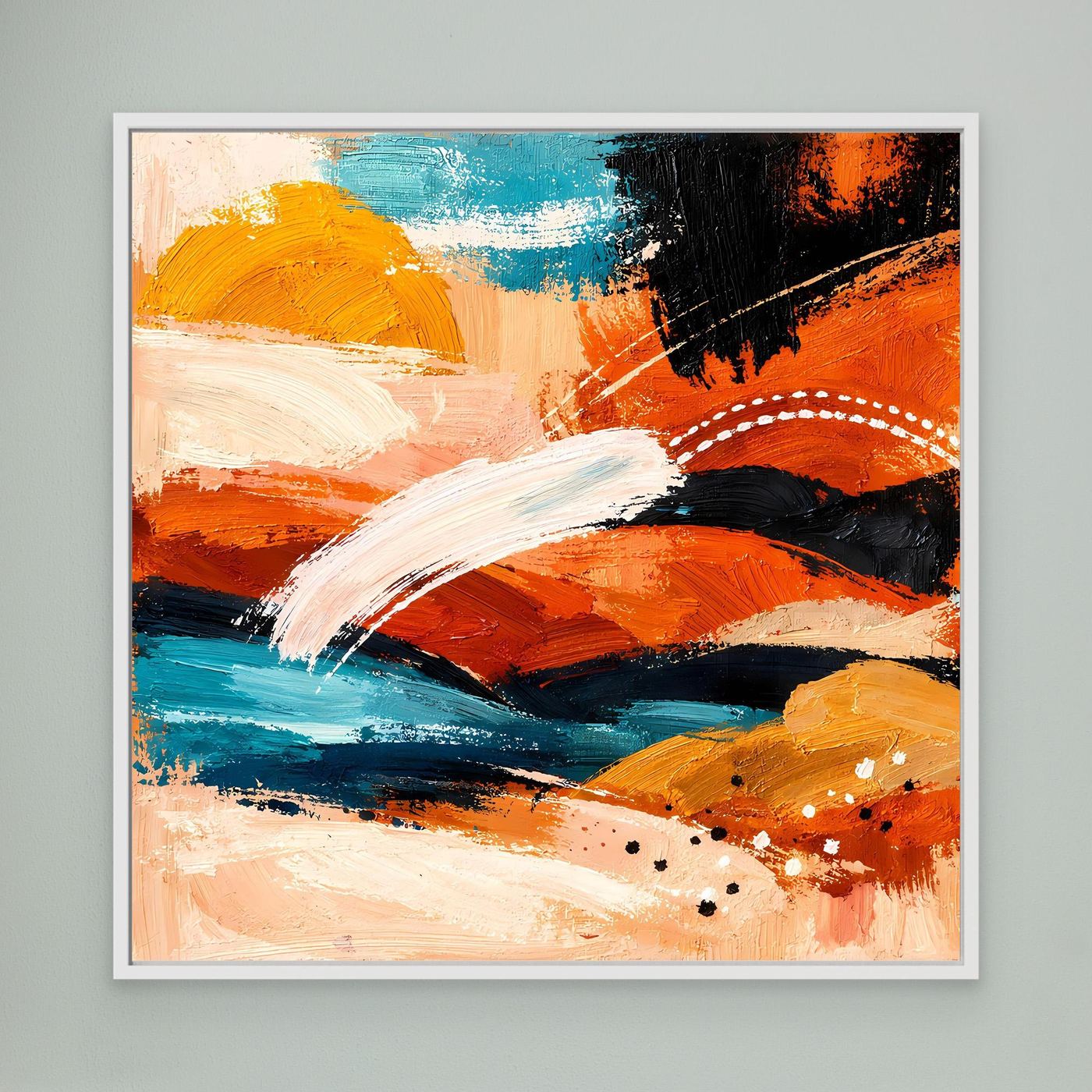 Abstract landscape wall art with teal and orange brushstrokes in a white frame
